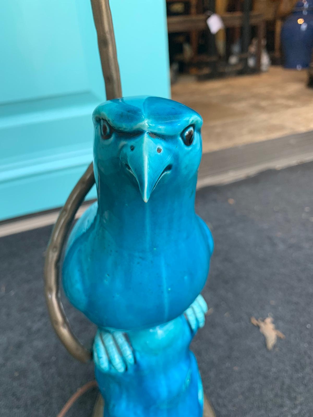 Glazed 18th-19th Century Chinese Turquoise Porcelain Bird Mounted as Lamp