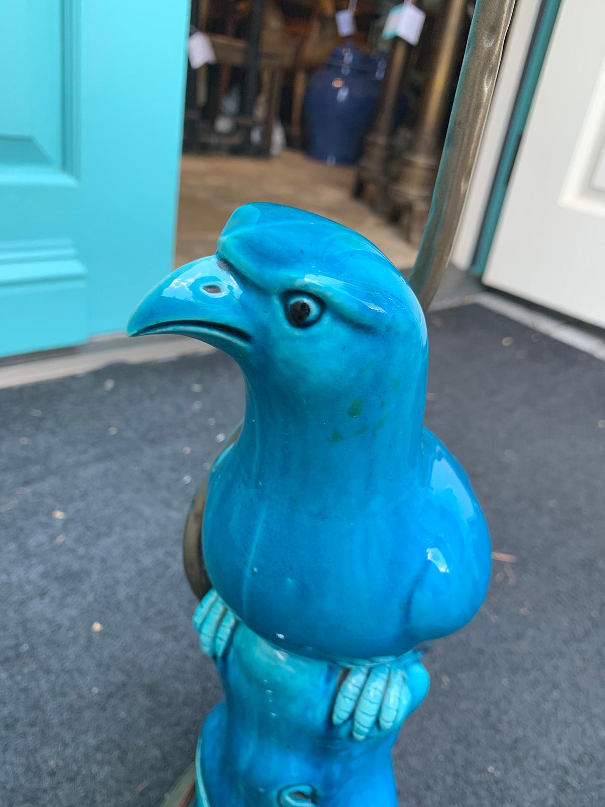 18th-19th Century Chinese Turquoise Porcelain Bird Mounted as Lamp In Good Condition In Atlanta, GA