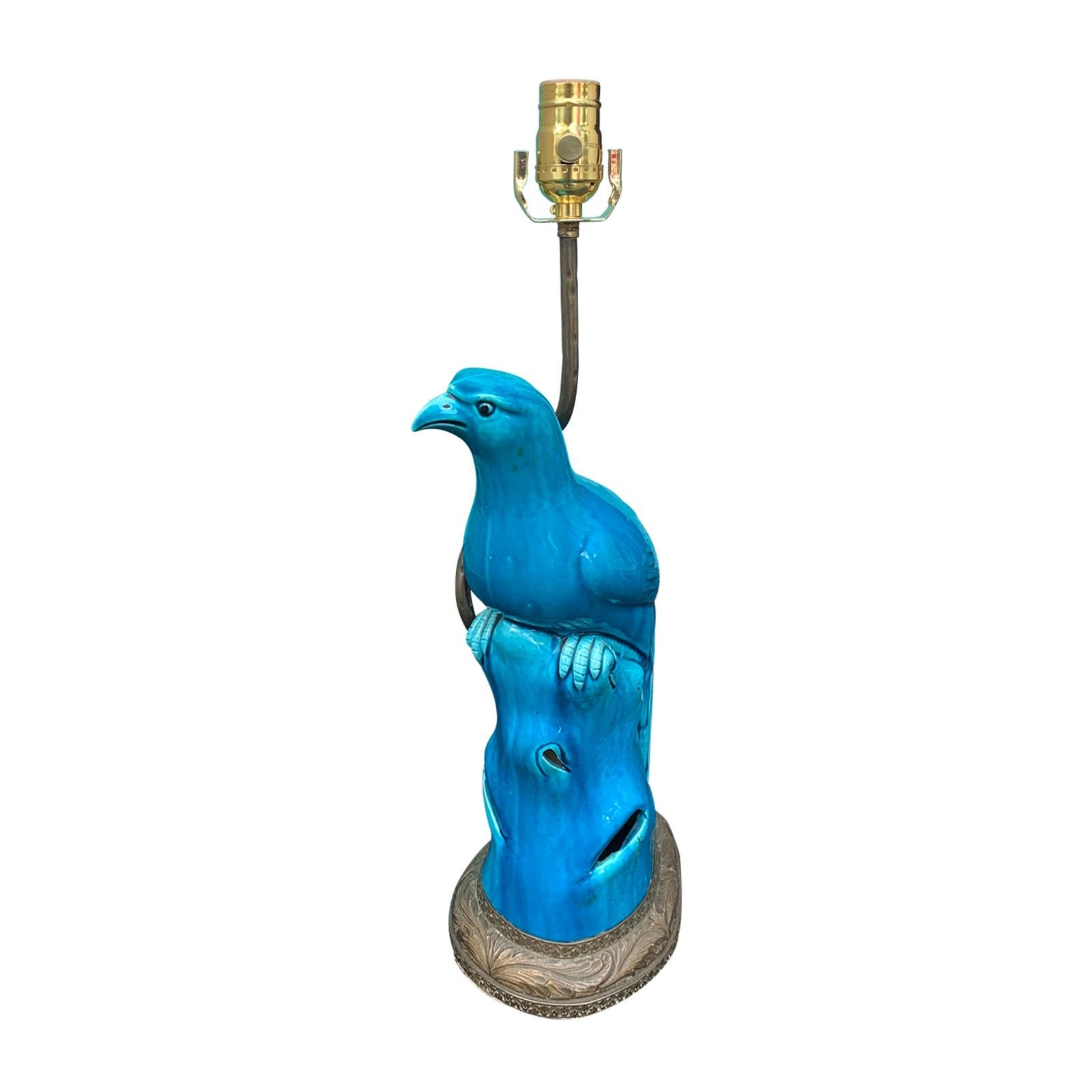 18th-19th Century Chinese Turquoise Porcelain Bird Mounted as Lamp