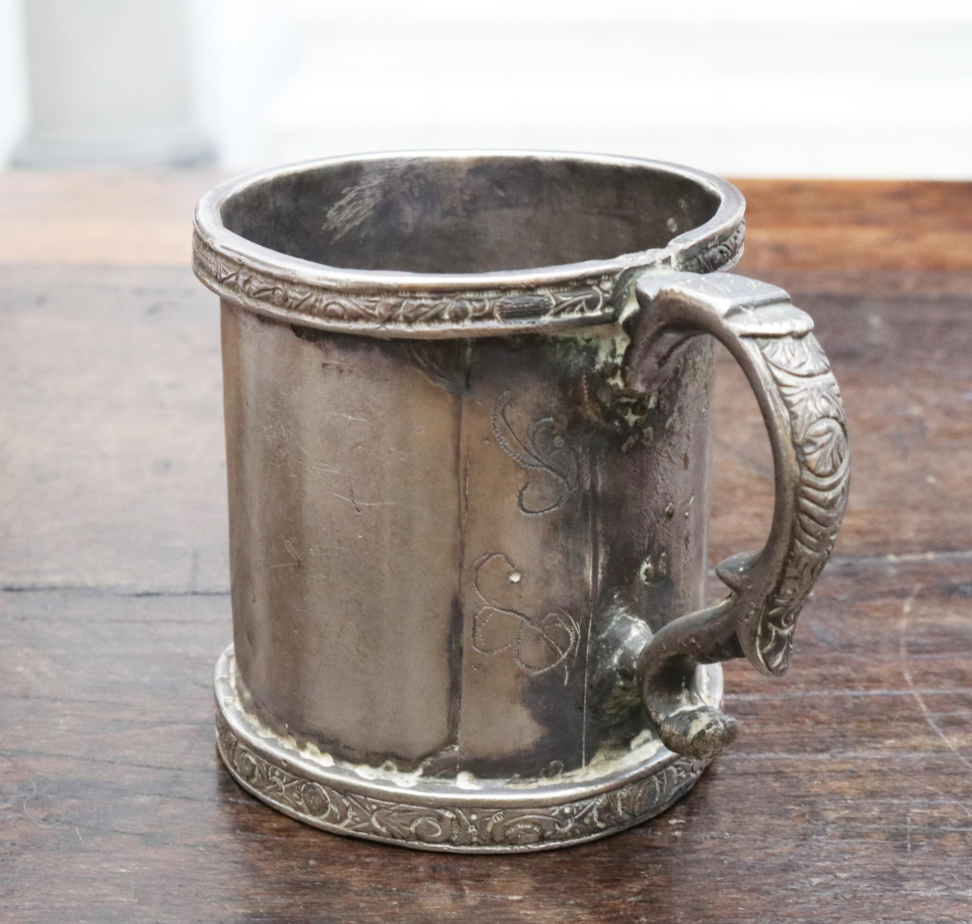 18th Century 18th-19th Century Cylinder Shaped Silver Cup with Handle Possibly Bolivian
