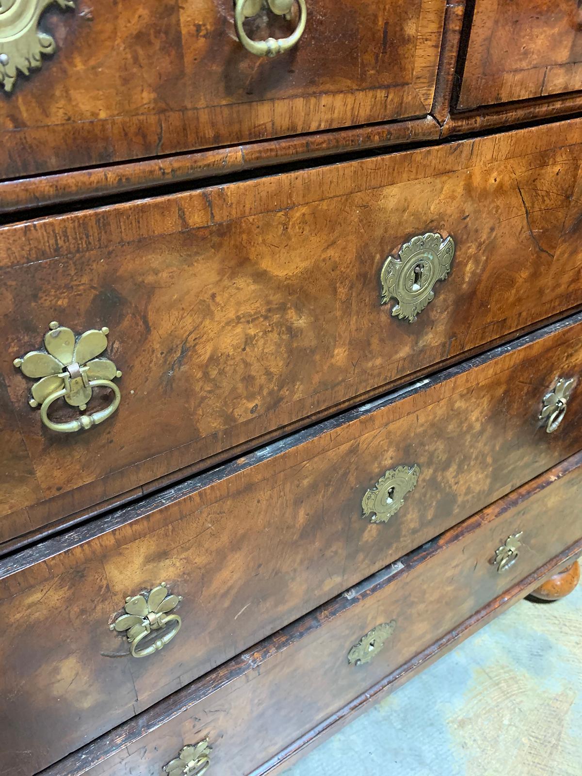 18th-19th Century English Burled Walnut Five-Drawer Chest, Original Hardware 10