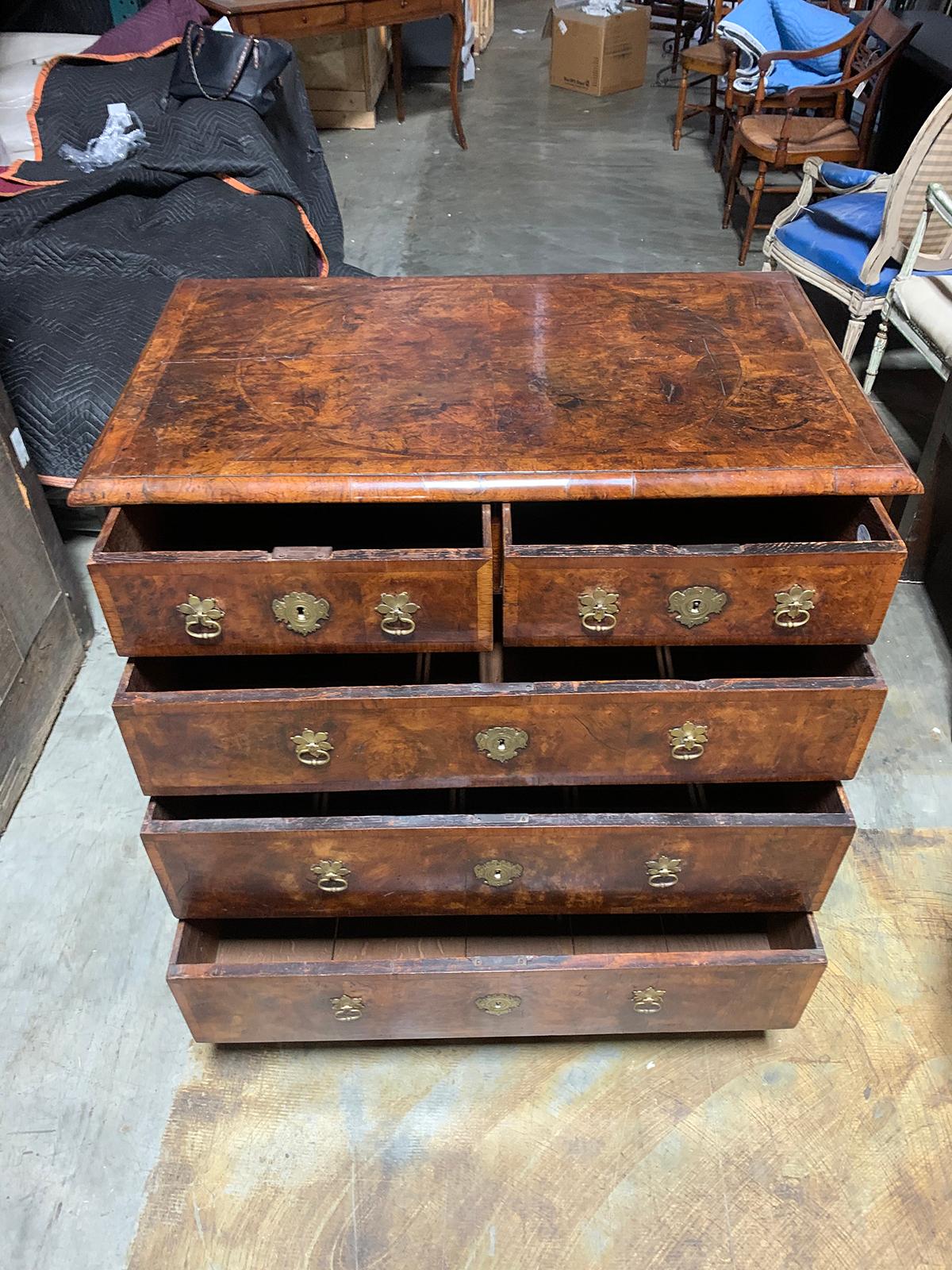 18th-19th Century English Burled Walnut Five-Drawer Chest, Original Hardware 11