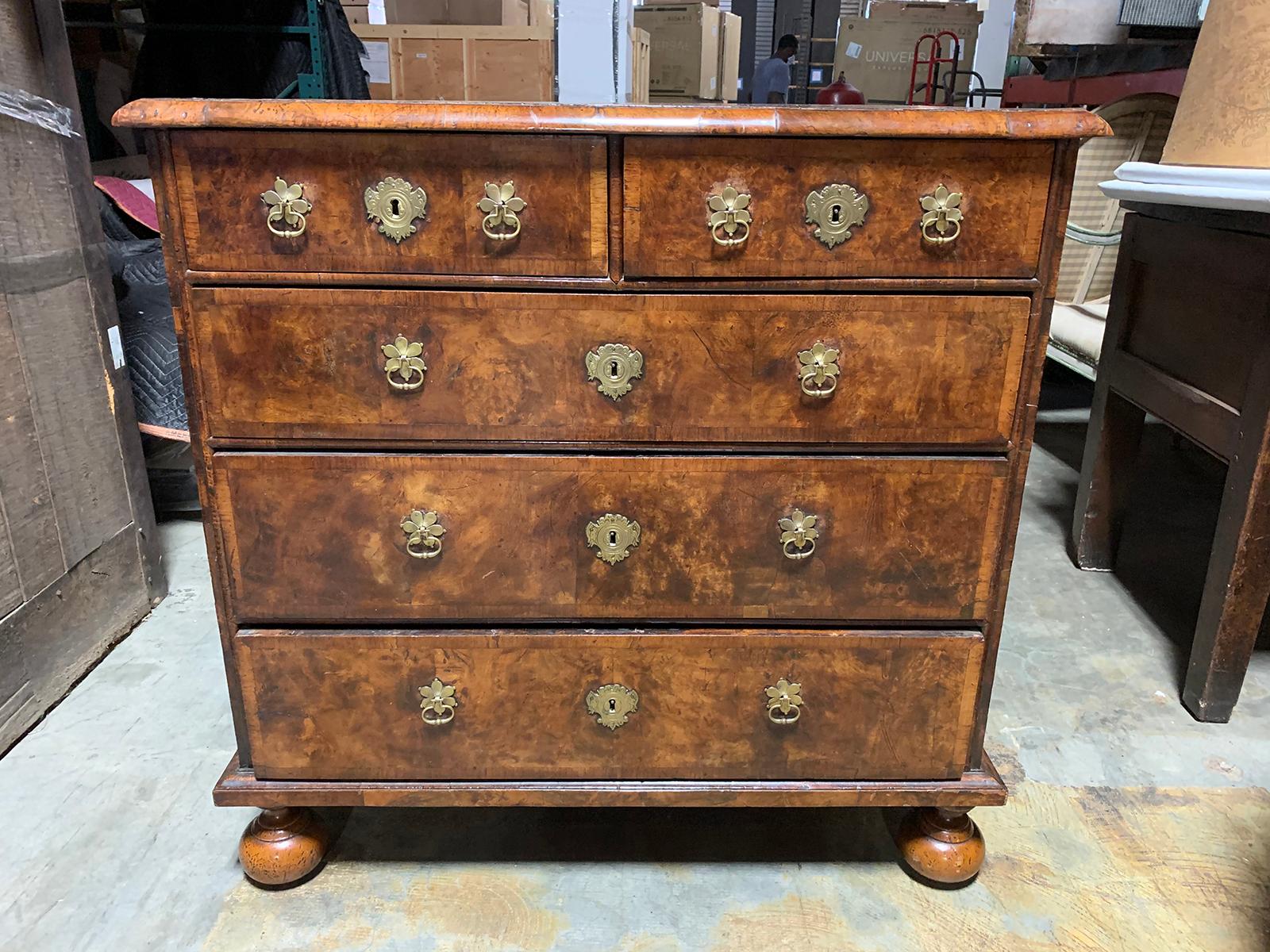 18th-19th century English burled walnut five-drawer chest, original brass hardware.