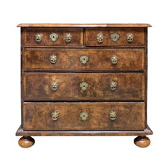 Antique 18th-19th Century English Burled Walnut Five-Drawer Chest, Original Hardware