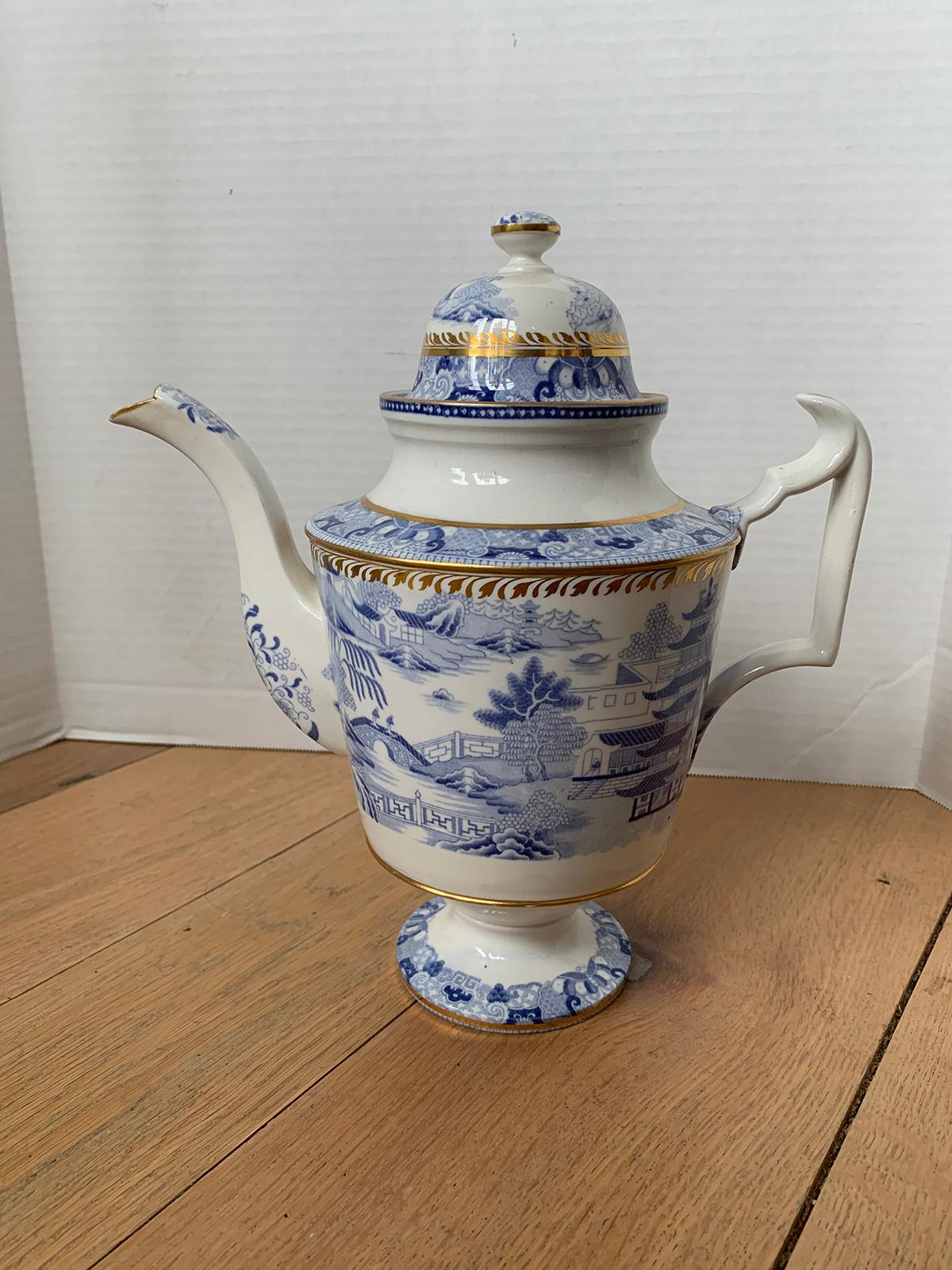 18th-19th century English Coalport blue and white porcelain teapot with gilt details and lid, unmarked.