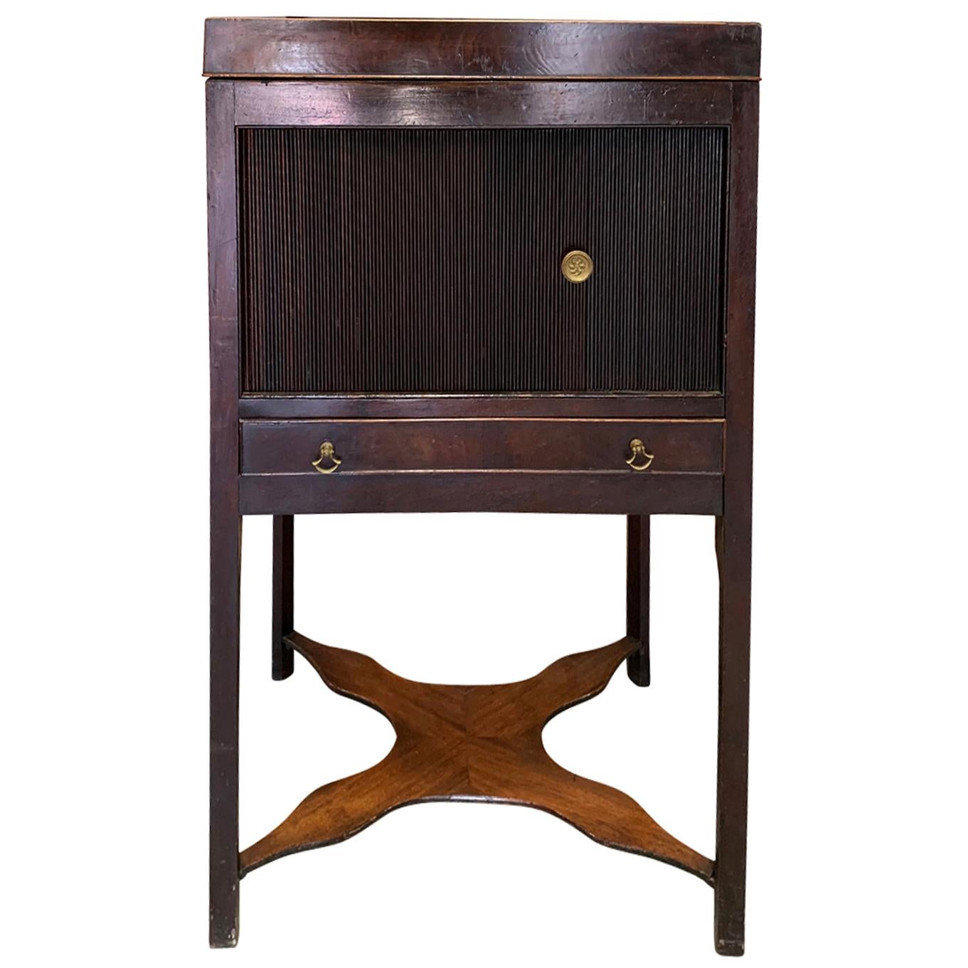 18th-19th Century English Flamed Mahogany & Parquetry Tambour Door Bedside Table