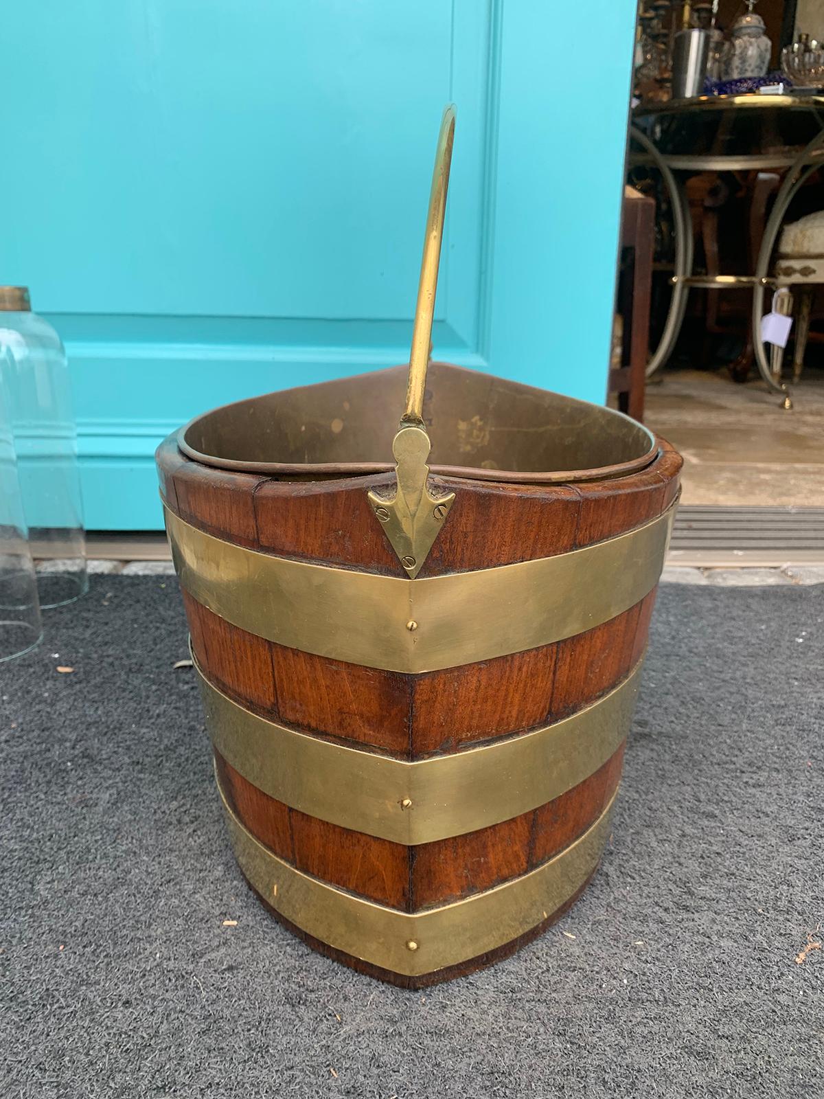 Campaign 18th-19th Century English Navette Form Brass Bound Peat Bucket