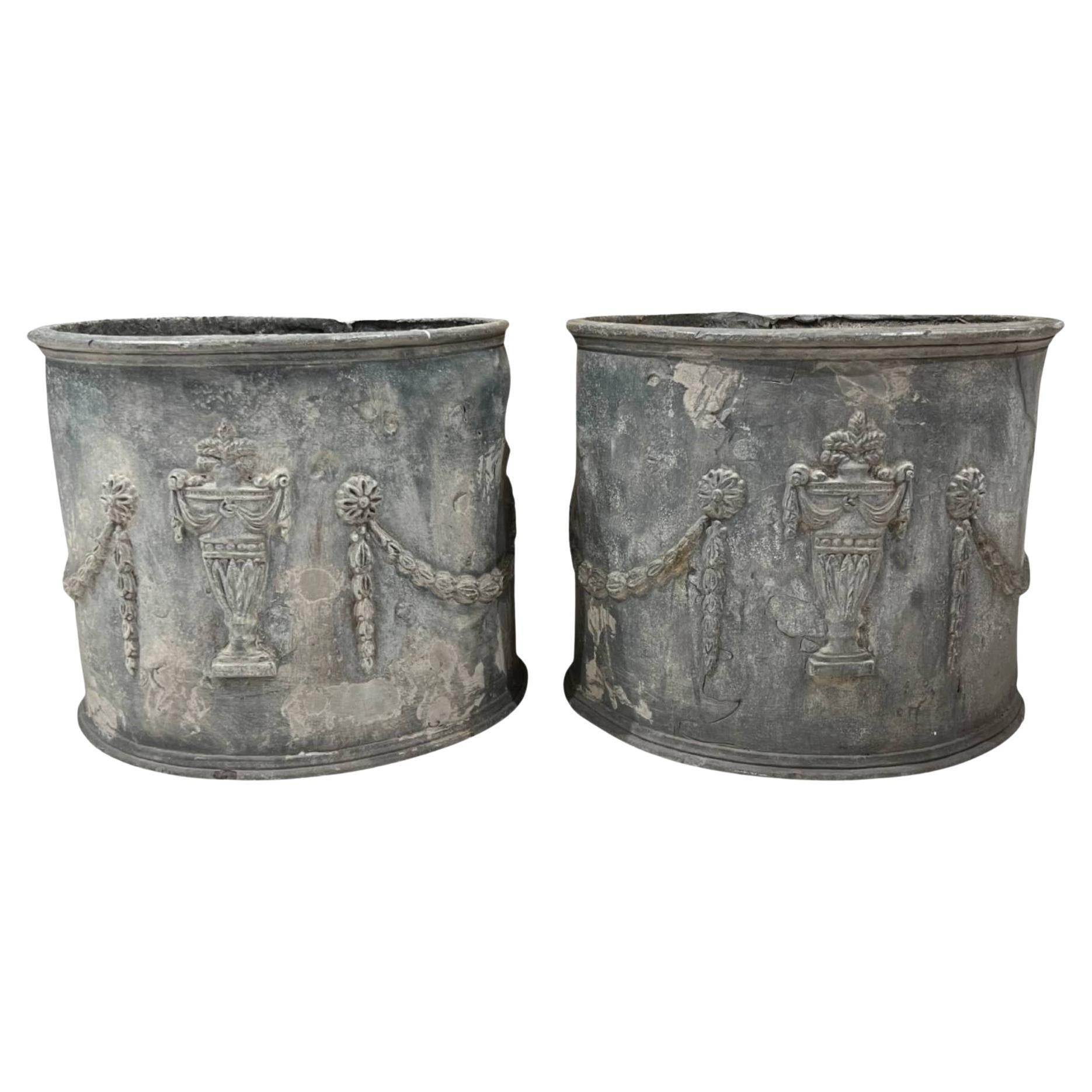 18th/19th Century English Pair of Lead Planters w/Amphorae & Garland Relief For Sale