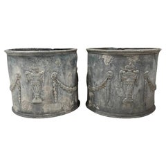 Antique 18th/19th Century English Pair of Lead Planters w/Amphorae & Garland Relief