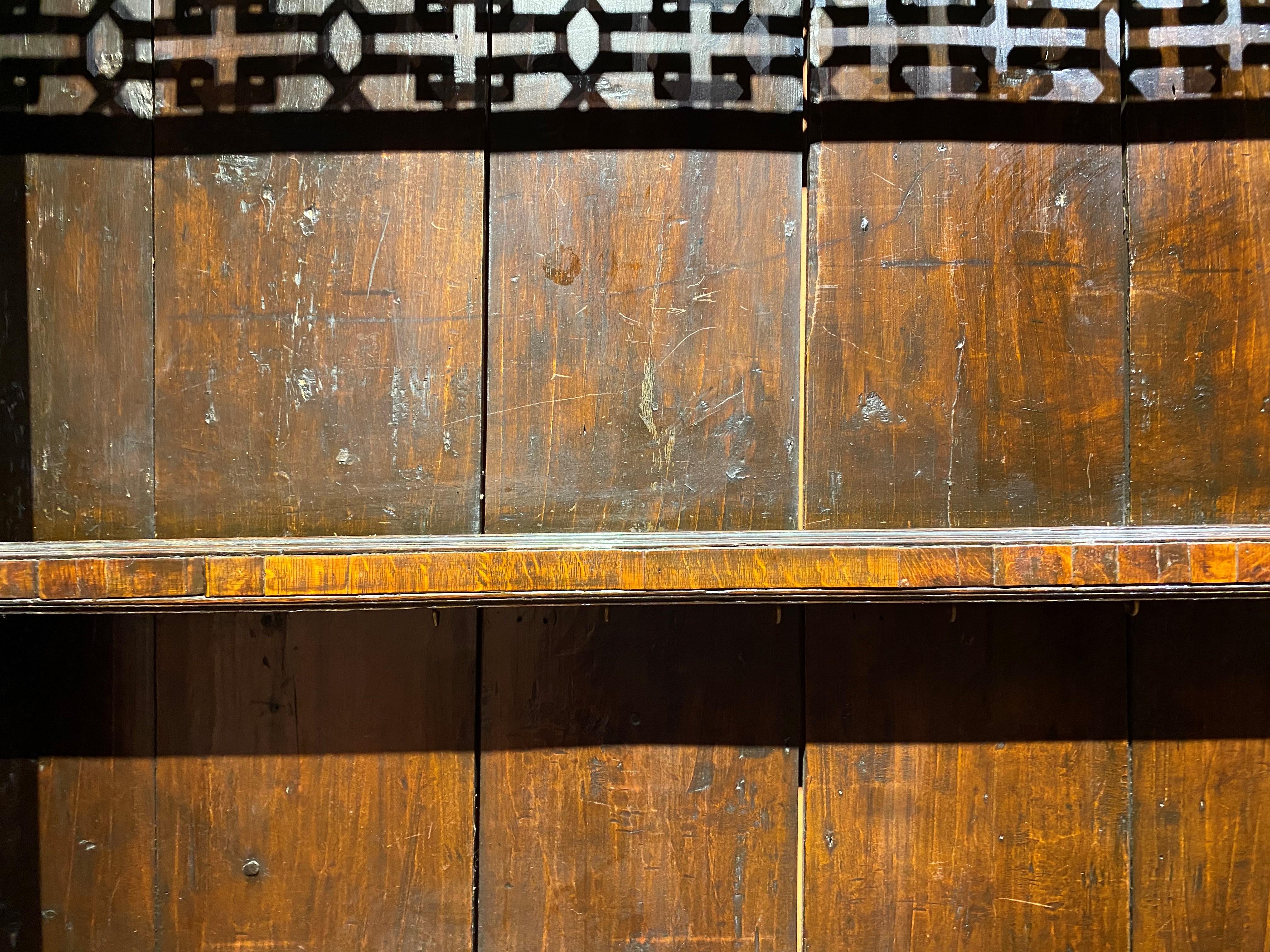 Hand-Carved 18th/19th Century English Two Part Inlaid Oak Welsh Cupboard or Dresser