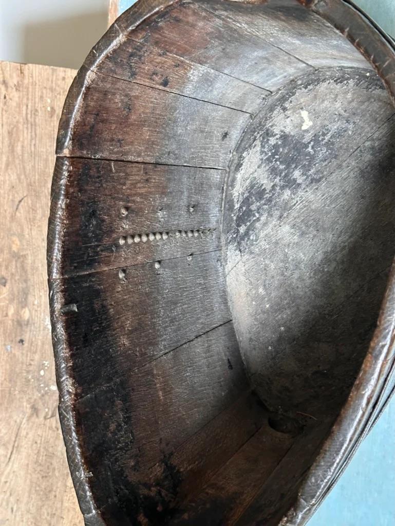 18th-19th Century English watering/measuring vessel, wood and copper, having interior measuring studs, possibly for wine?  17” h. x 29” w. x 11.5” d. 

