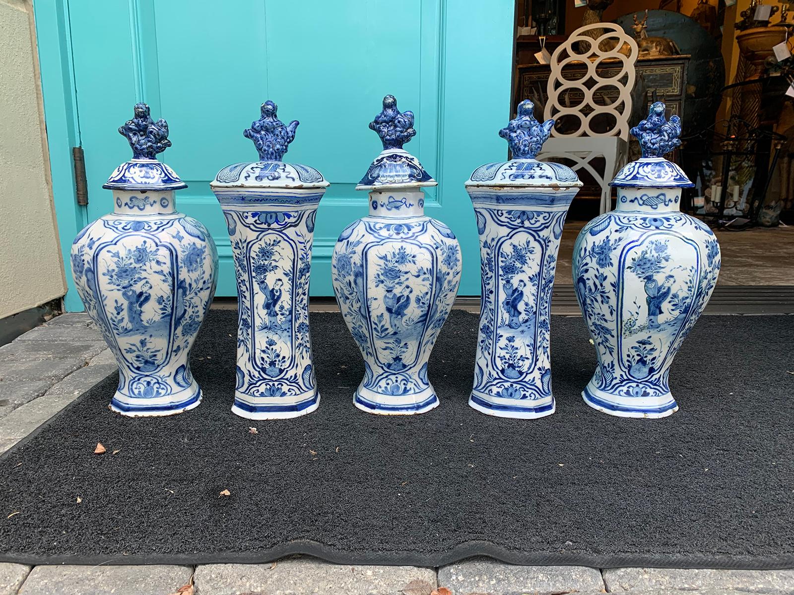 18th/19th Century Five Piece Delft Blue & White Garniture Set
Jars:6.5