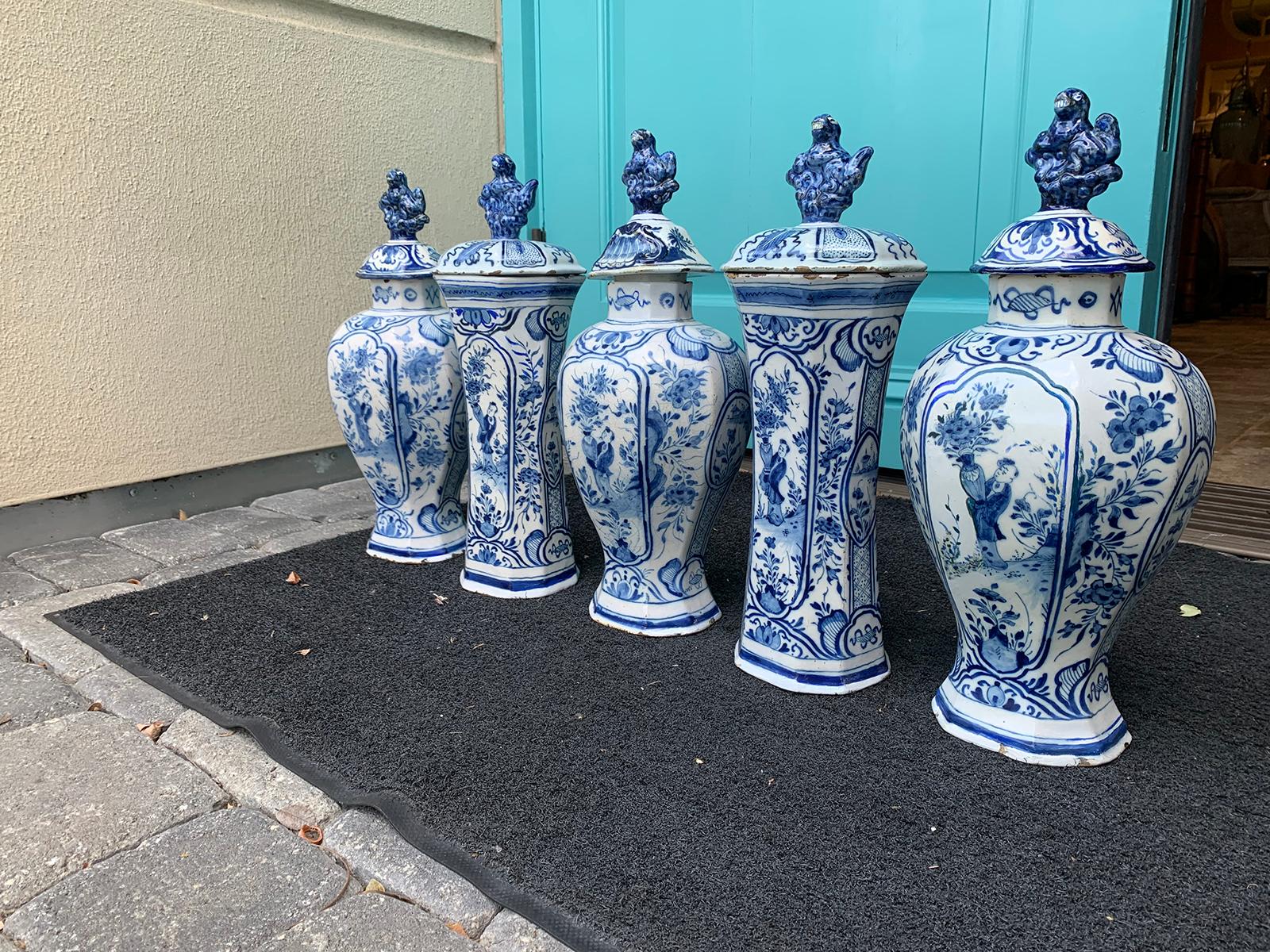 18th/19th Century Five Piece Delft Blue & White Garniture Set In Good Condition In Atlanta, GA