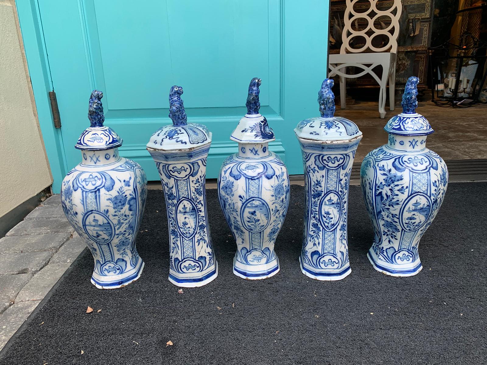 Porcelain 18th/19th Century Five Piece Delft Blue & White Garniture Set