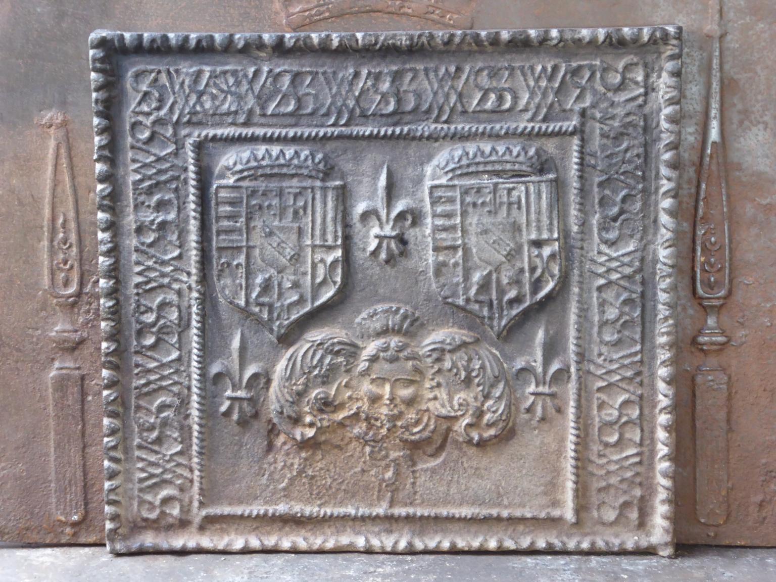 18th-19th century French Louis XIV style fireback with the arms of Leopold I, Duke of Lorraine. The fireback is made of cast iron and has a natural brown patina. Upon request it can be made black / pewter. The condition is good, no cracks.

This