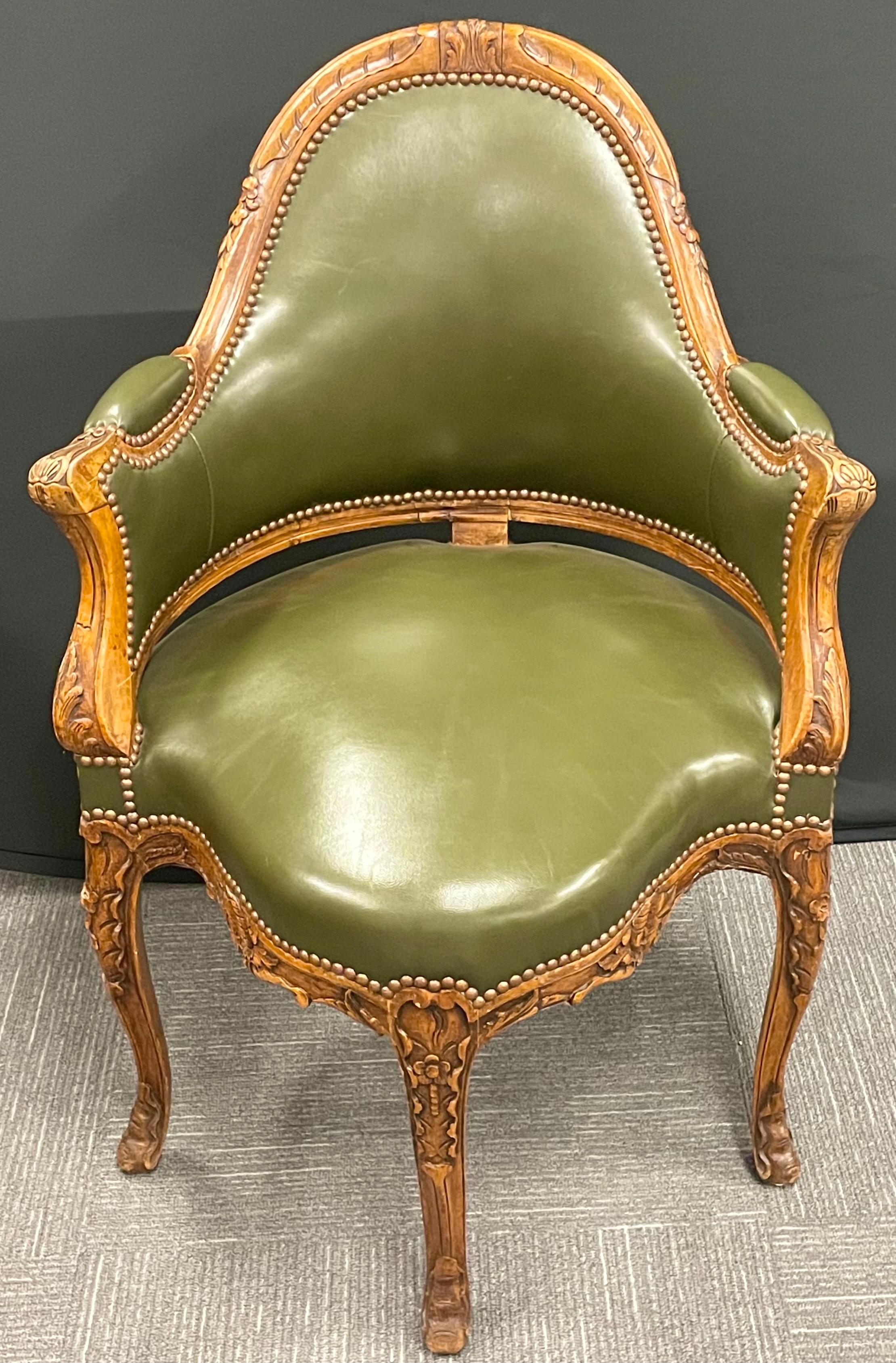 Louis XV 18th/ 19th Century French Bergère de Bureau or Corner Chair in a fine green leather.