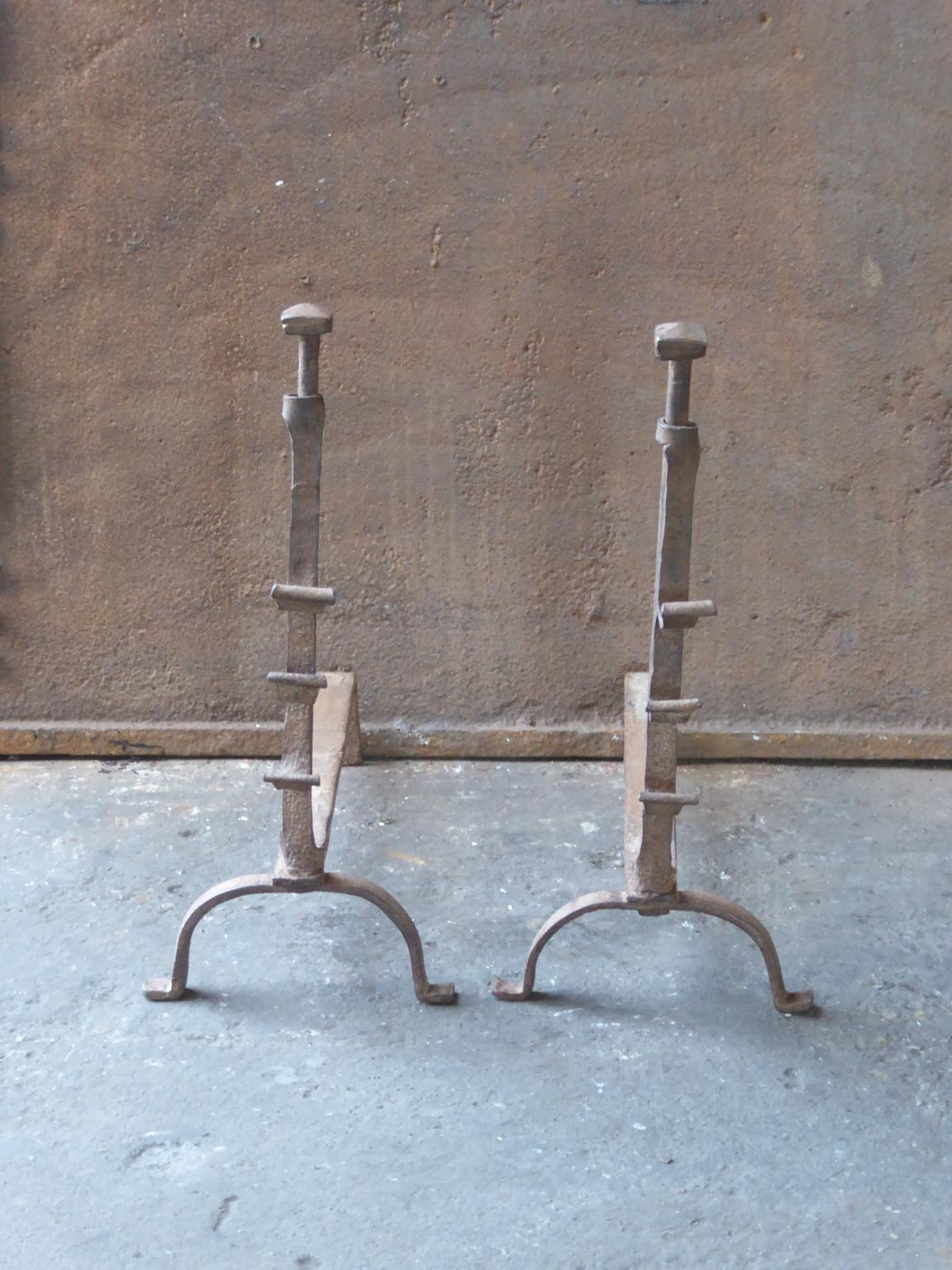 Wrought Iron 18th-19th Century French Gothic Style Andirons or Firedogs