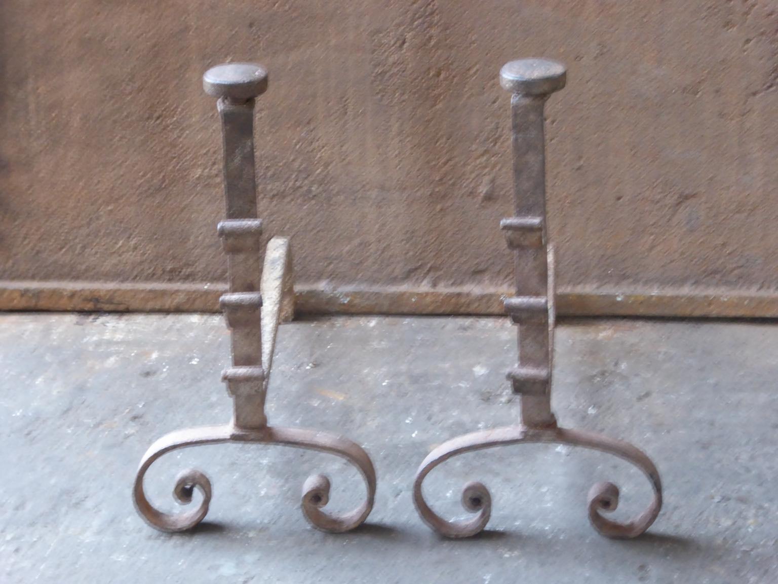 Wrought Iron 18th-19th Century French Gothic Style Andirons or Firedogs