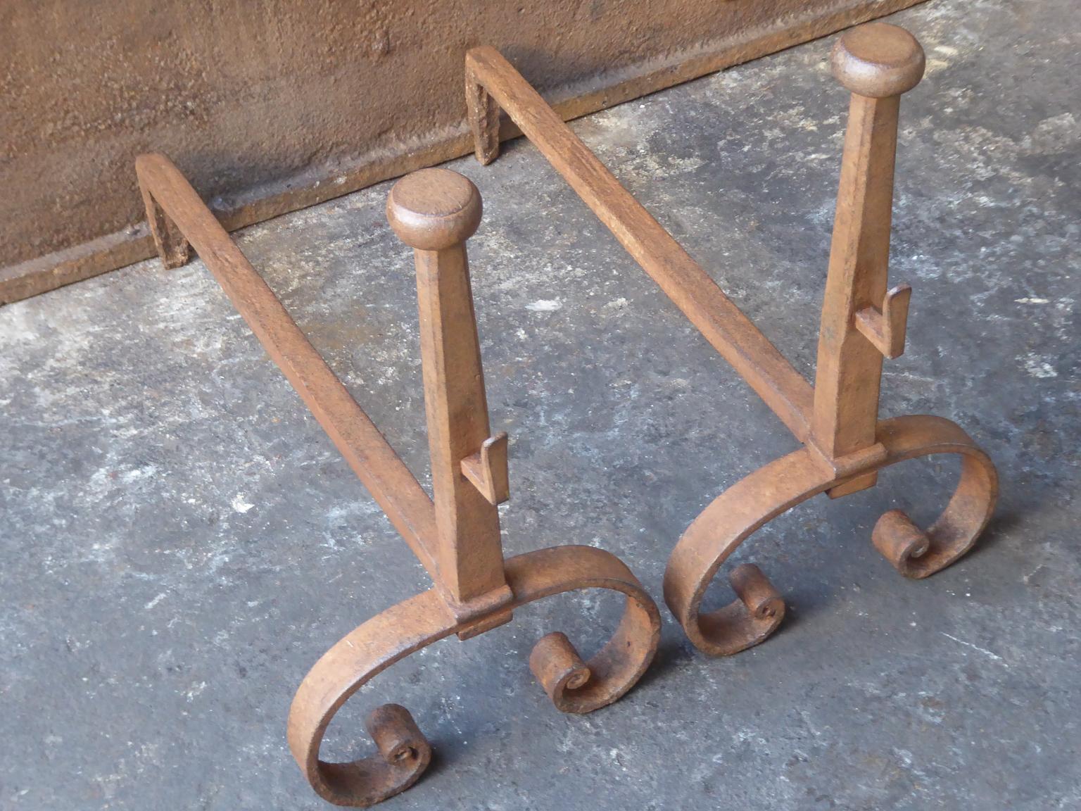 Forged 19th Century French Louis XV Andirons or Firedogs For Sale