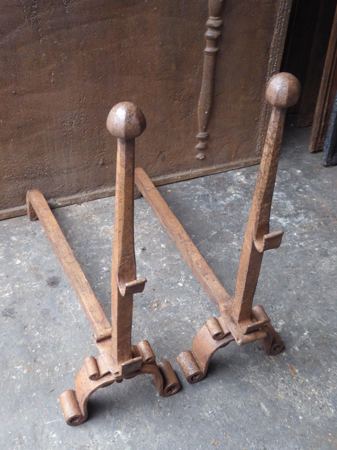 Forged 18th-19th Century French Louis XV Andirons or Firedogs For Sale