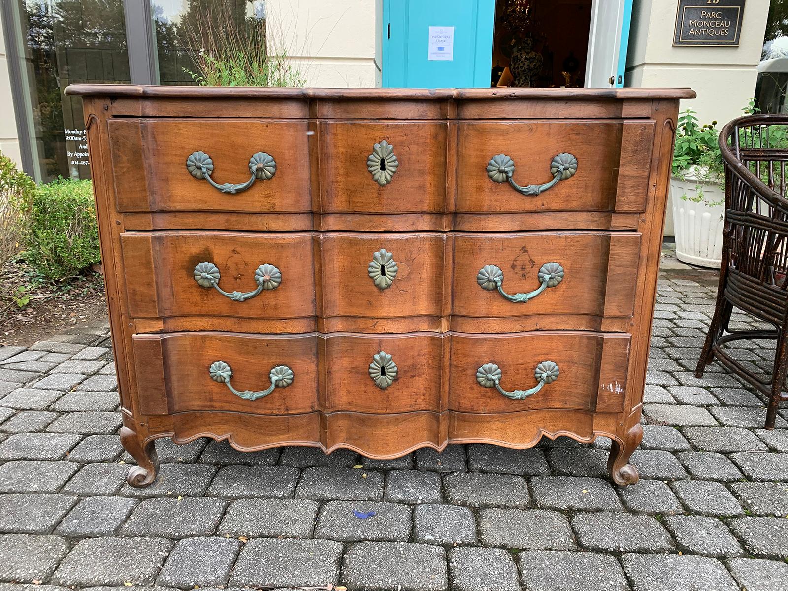 18th-19th century French Louis XV style fruitwood commode / chest, three drawers.