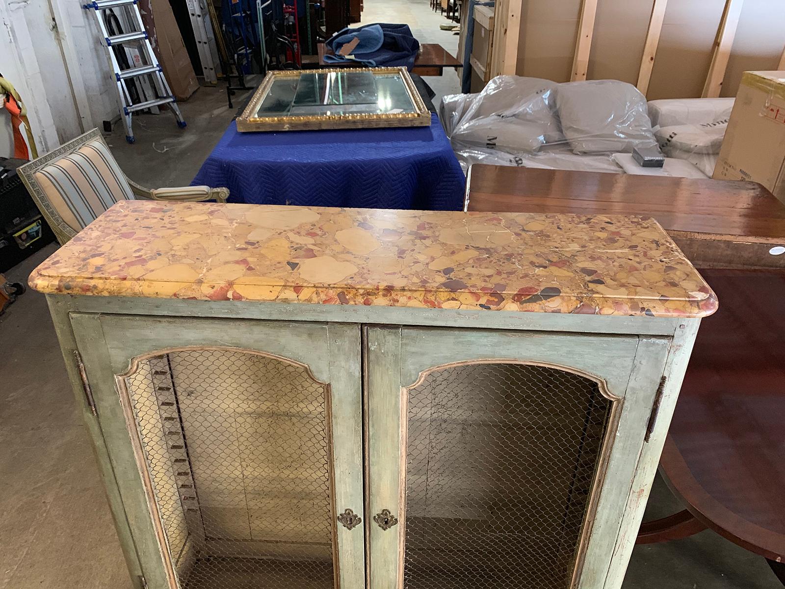 18th-19th century French painted two-door cabinet with marble top and two shelves.