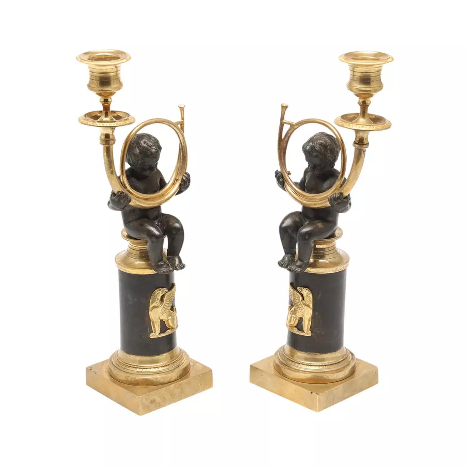 Empire 18th-19th Century French Pair of Antique Gilded Bronze Couple Candlesticks