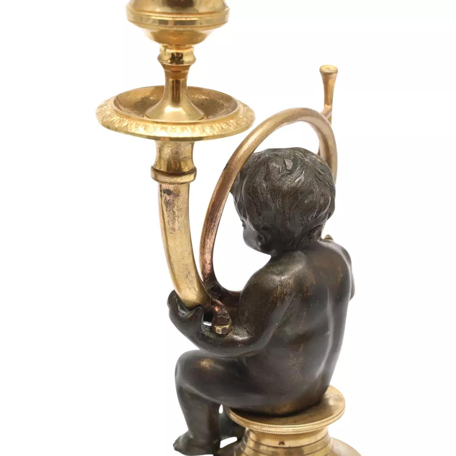 18th-19th Century French Pair of Antique Gilded Bronze Couple Candlesticks In Good Condition In West Palm Beach, FL