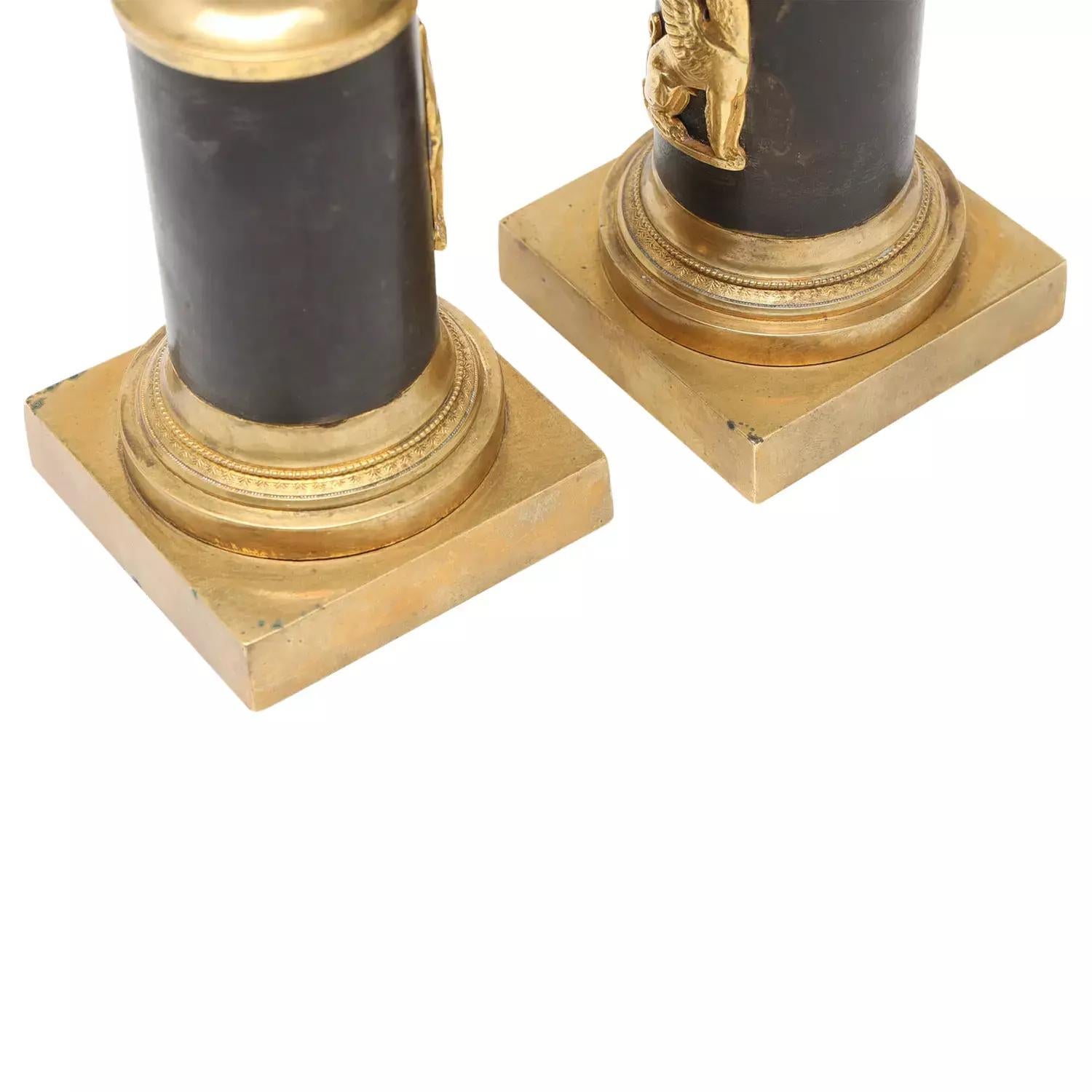Metal 18th-19th Century French Pair of Antique Gilded Bronze Couple Candlesticks