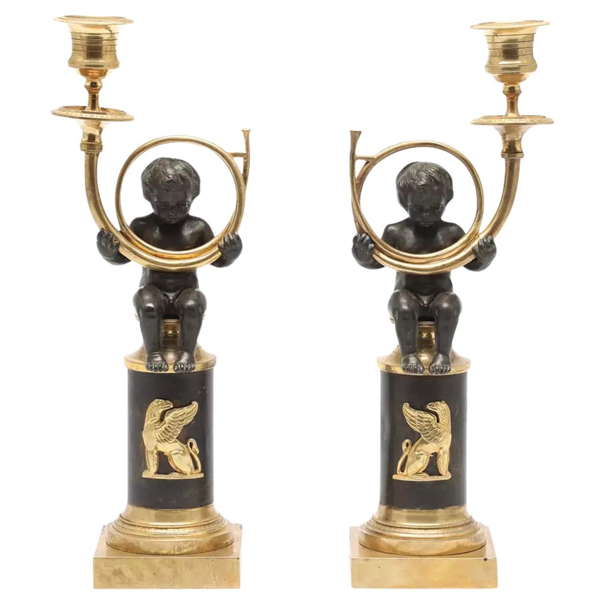 18th-19th Century French Pair of Antique Gilded Bronze Couple Candlesticks