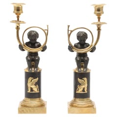 18th-19th Century French Pair of Antique Gilded Bronze Couple Candlesticks