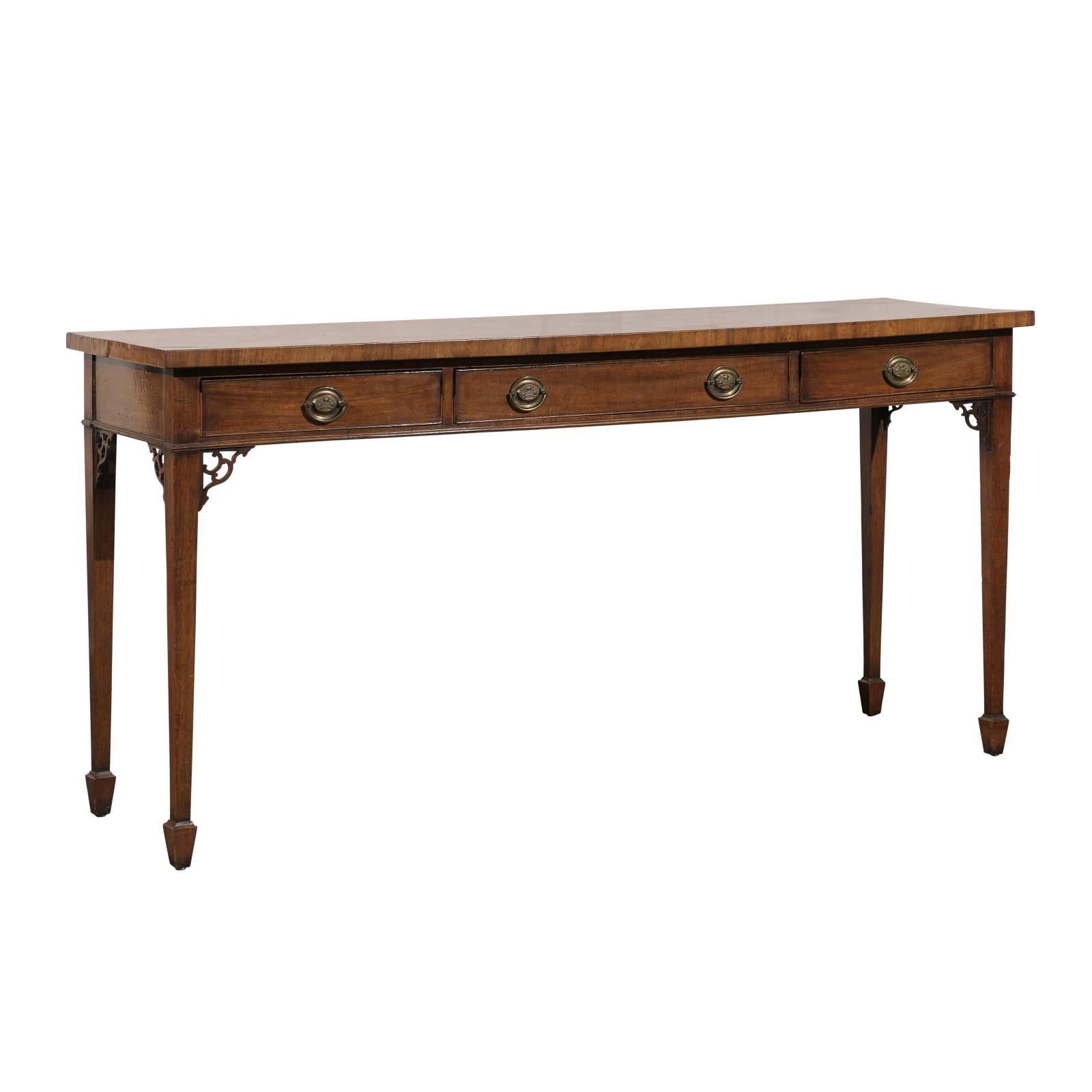 18th-19th Century Georgian Mahogany Three-Drawer Serving Console Table
Fretwork brackets at corners, Brass pulls
Beautiful color & patina 