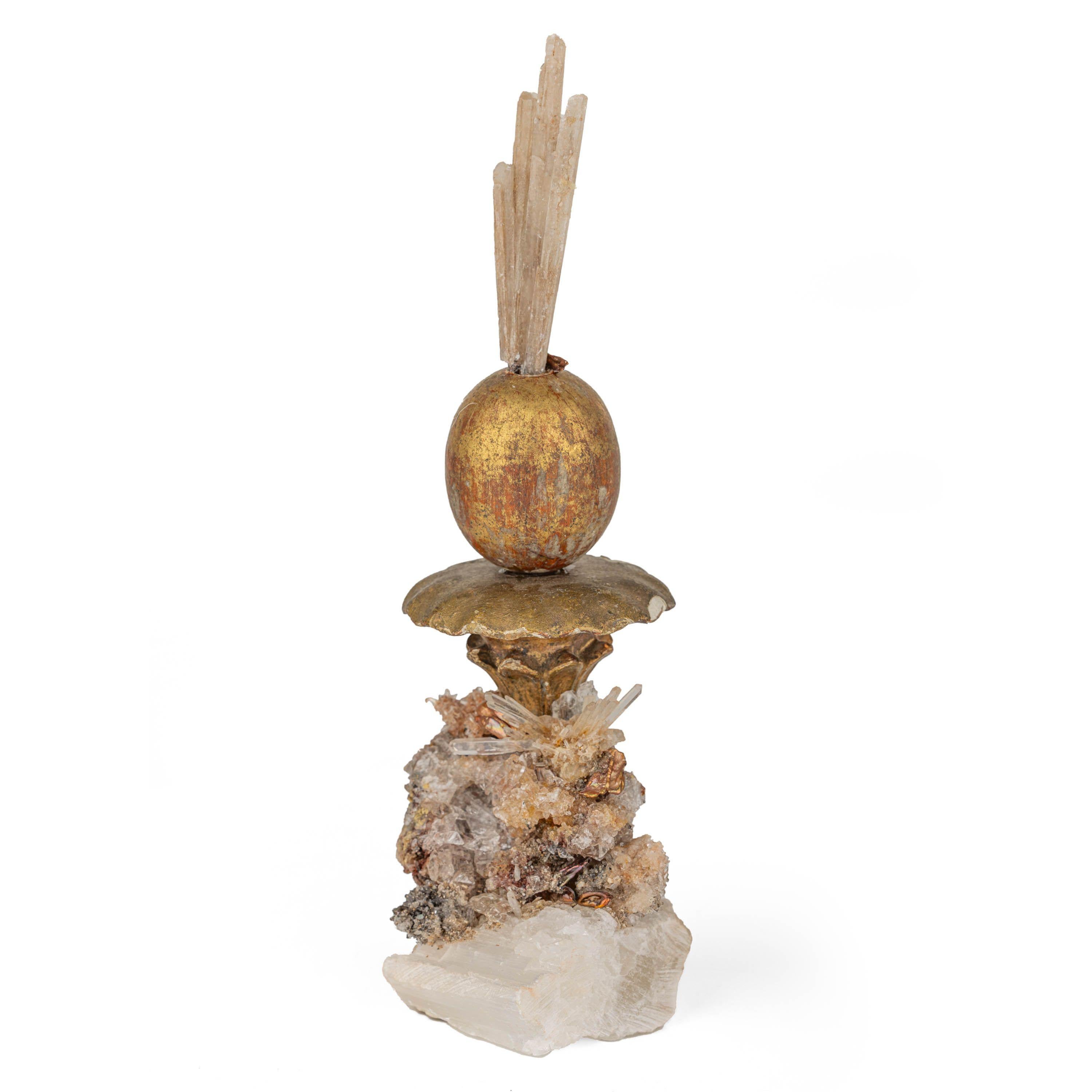 18th & 19th Century Gilded Fragments. Orb is water gilt, carved wood sitting atop a gilded plaster flower. All are embellished with natural seed pearls, rock crystal and selenite fragments. The base is a nice chunk of natural selenite. One of a kind