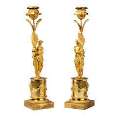 18th - 19th Century French Pair of Antique Empire Gilded Bronze Candle Holders