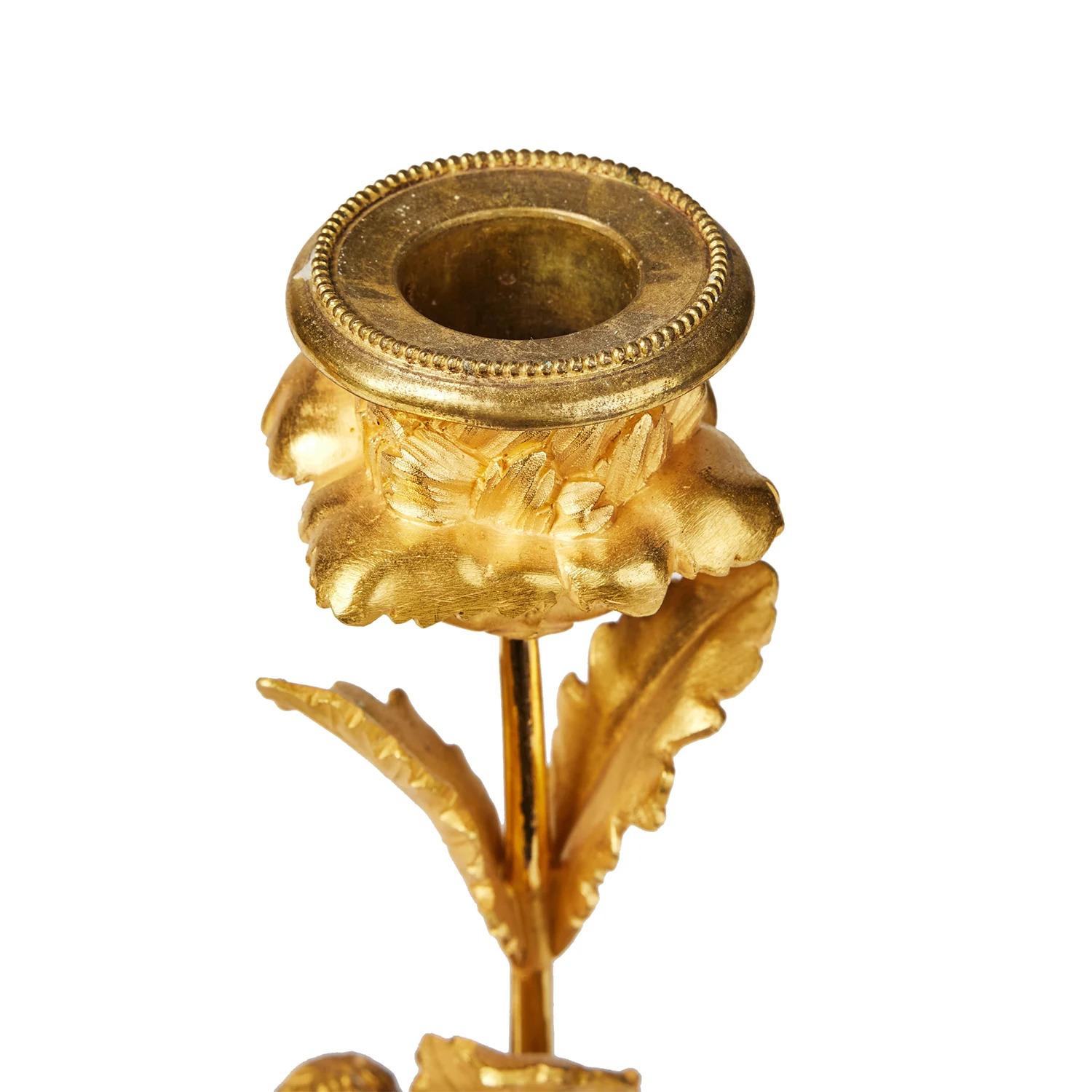 Metal 18th-19th Century French Empire Pair of Antique Gilded Bronze Candle Holders For Sale