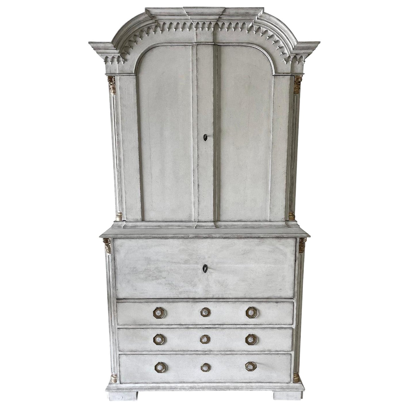 18th-19th Century Grey Russian Two Part Bureau - Antique Baroque Oak Secretaire