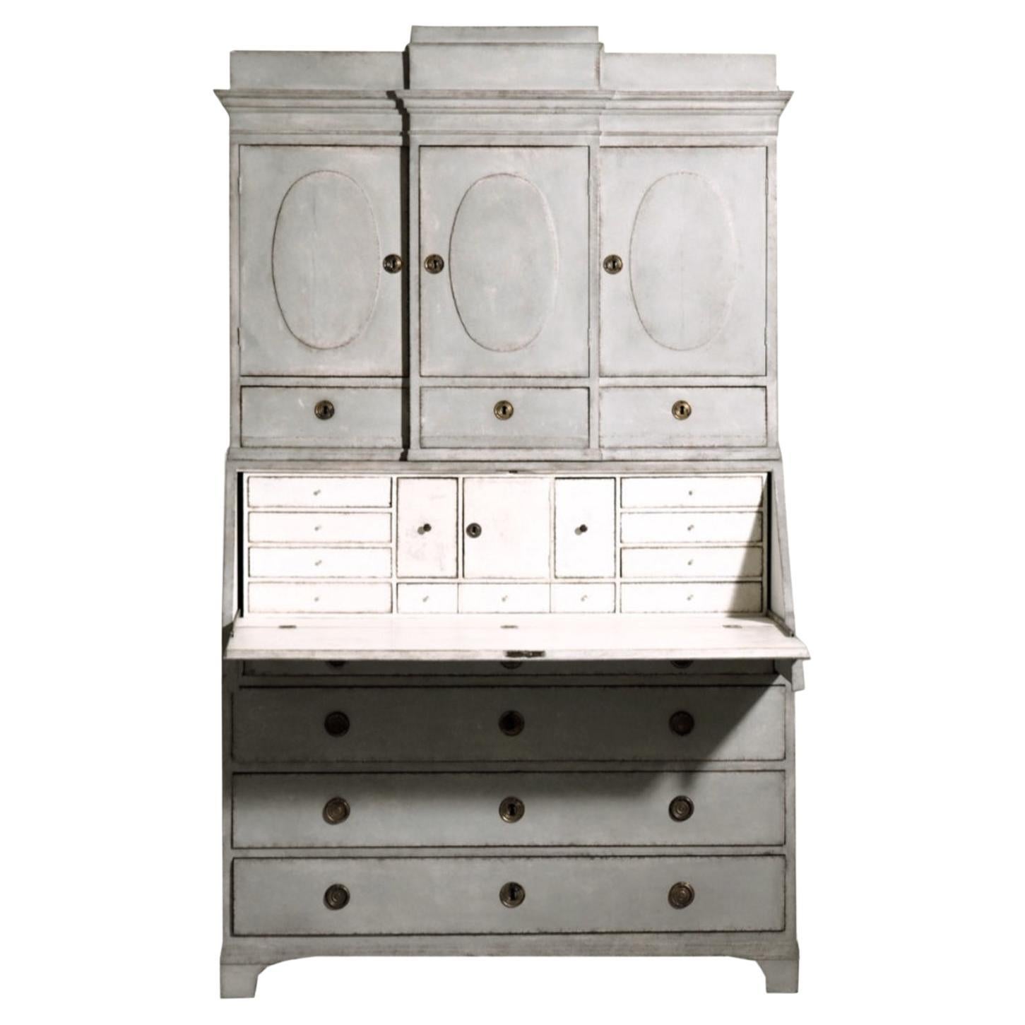 18th-19th Century Grey Swedish Gustavian Two Part Pinewood Bureau, Secretaire