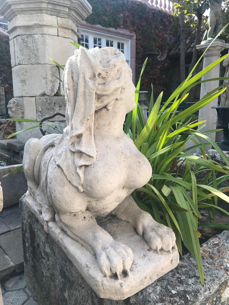 Pair 19th C. Hand Carved Stone Statues Sphinx Sculpture Garden Antiques