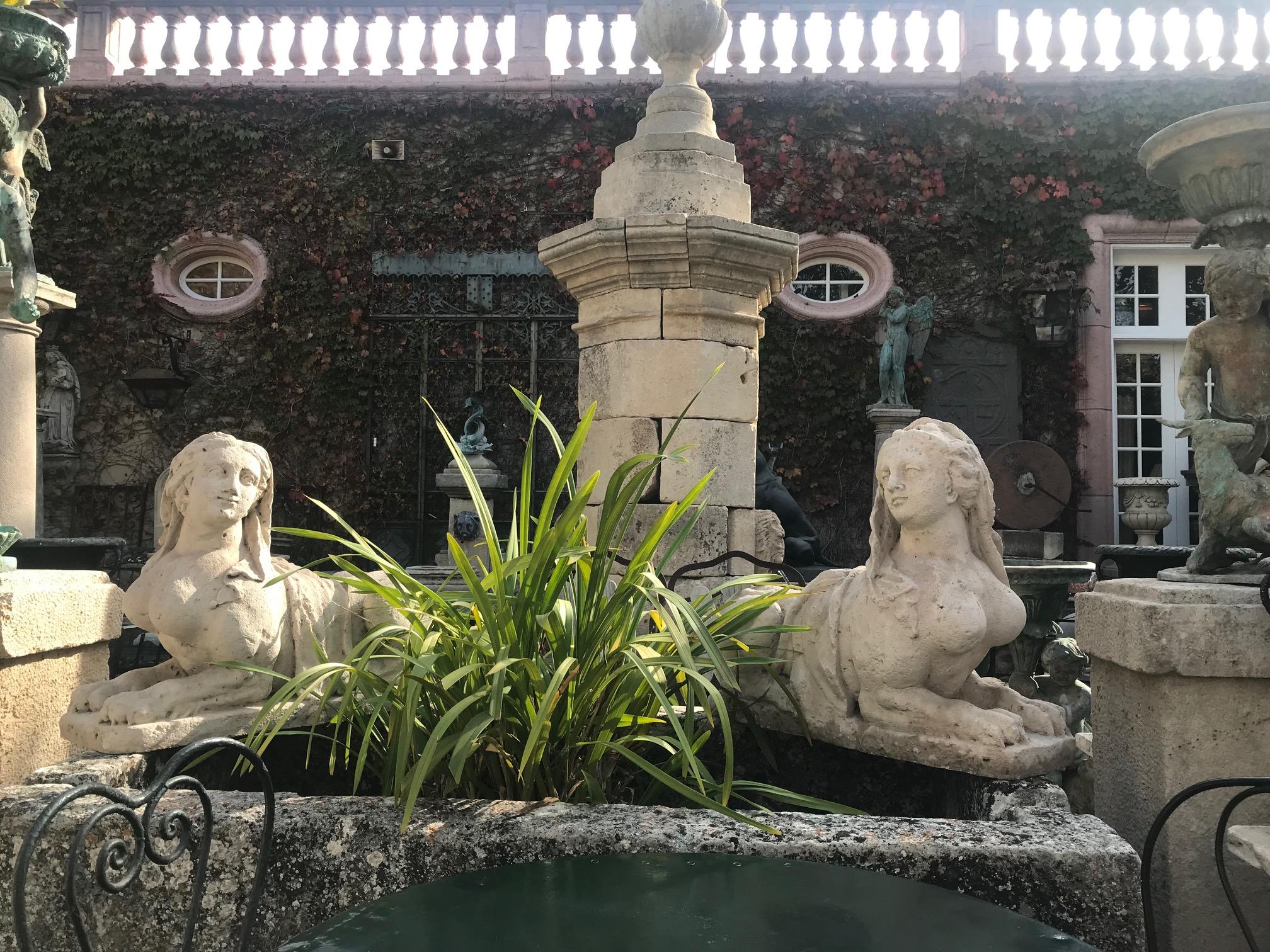 Pair 19th C. Hand Carved Stone Statues Sphinx Sculpture Garden Antiques LA CA . Exceptional late18th / Early 19th Century Hand Carved Stone Statues of Chateau Sphinx Mounted at the entrance on top of Stone pedestals or on each side of a doorway , at