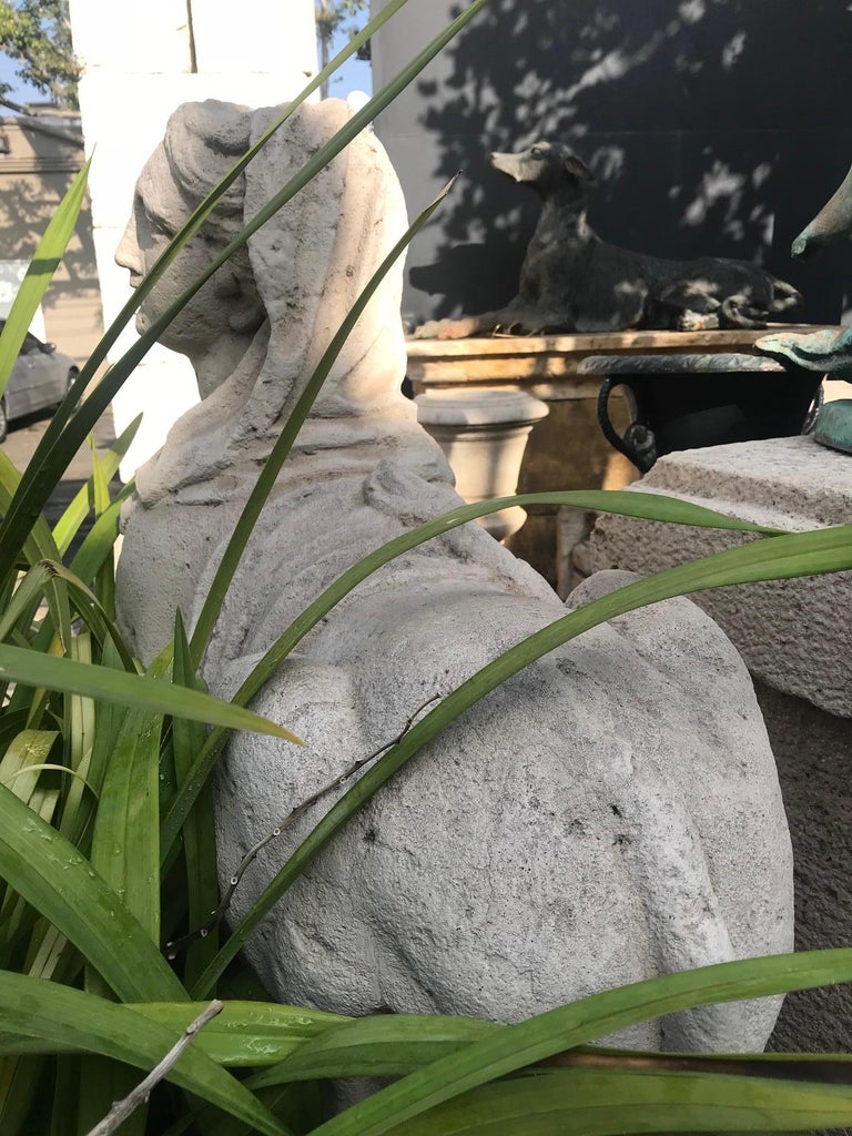 Pair 19th C. Hand Carved Stone Statues Sphinx Sculpture Garden Antiques