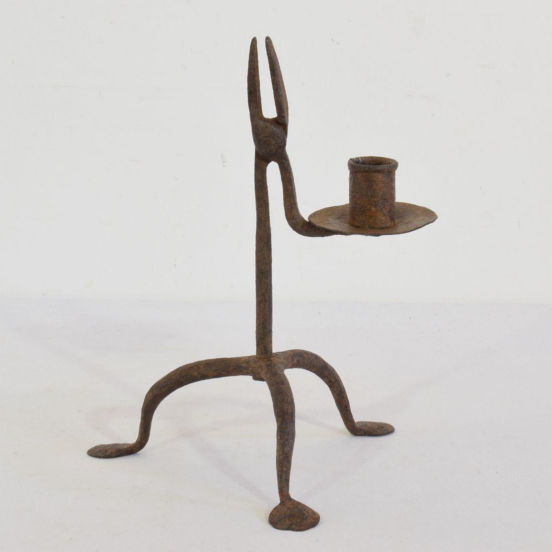 Rustic 18th-19th Century Hand Forged Iron Candleholder