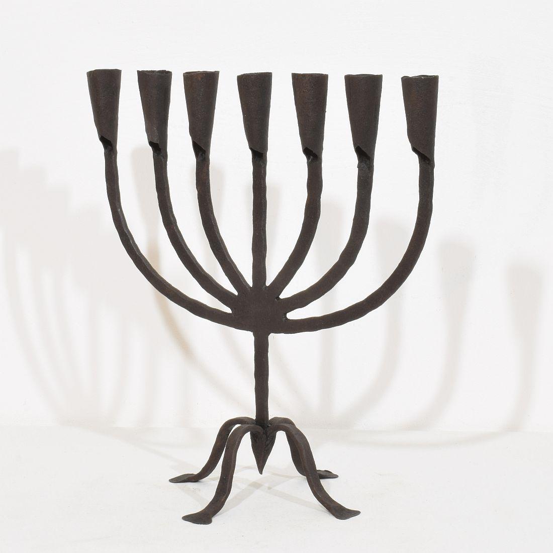 Rustic 18th-19th Century Hand Forged Iron Candleholder For Sale