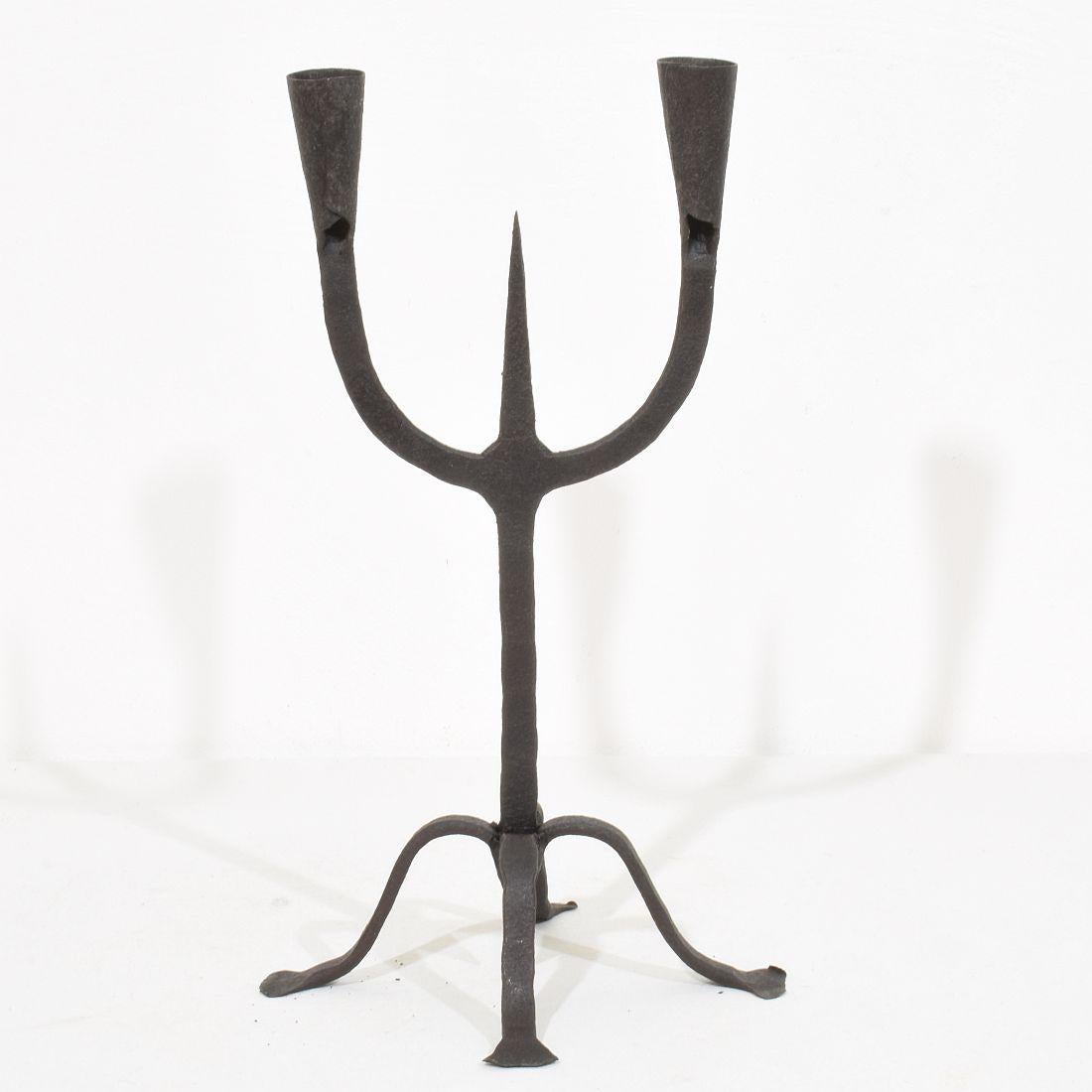 Rustic 18th-19th Century Hand Forged Iron Candleholder For Sale