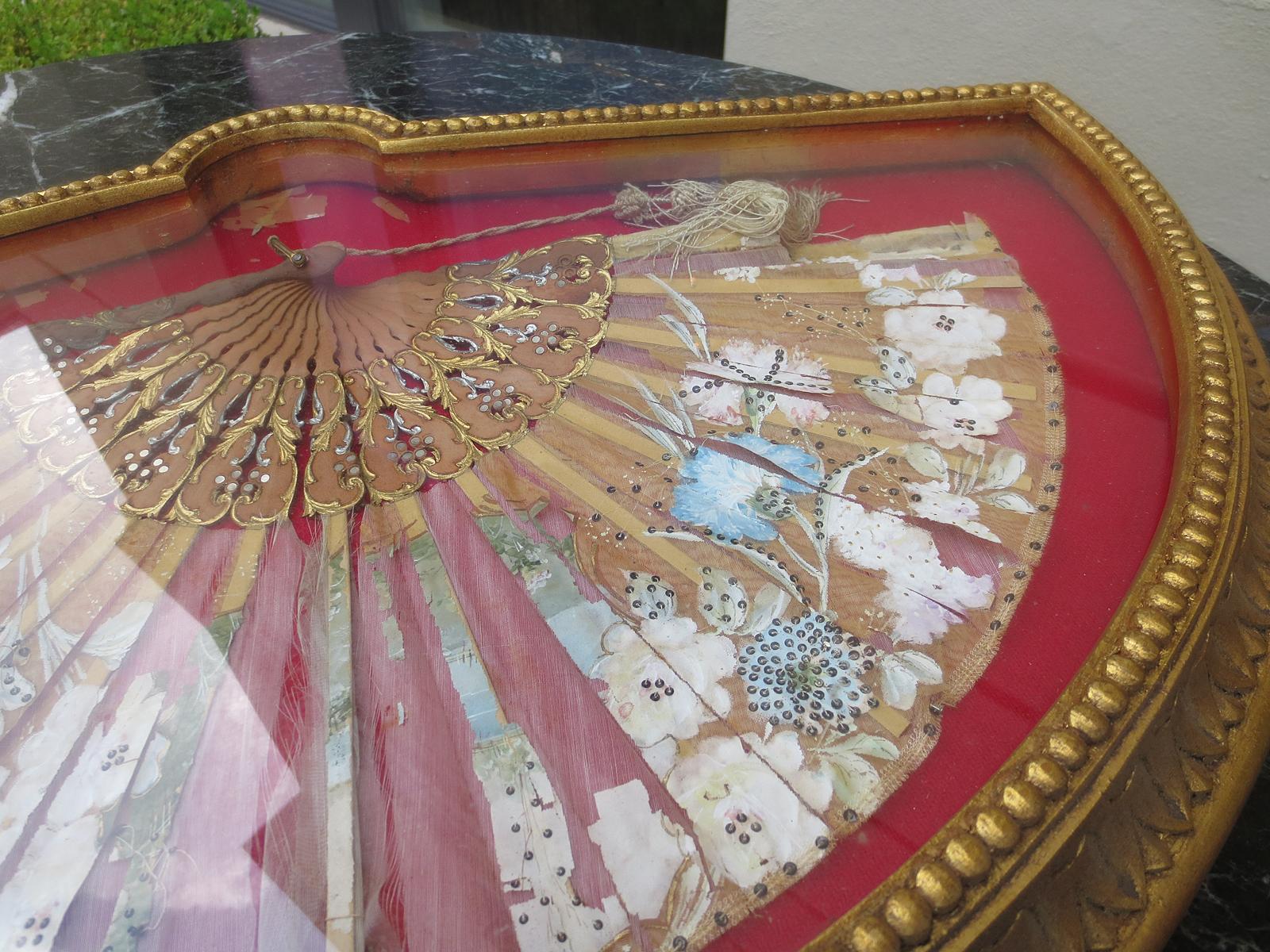 18th-19th Century Hand Painted Fan in Glass and Giltwood Display Case In Good Condition In Atlanta, GA
