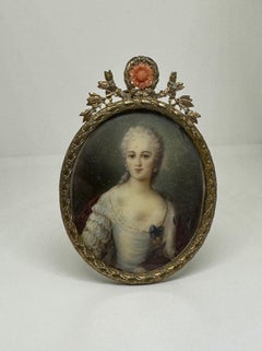 18th-19th Century Hand Painted Portrait Miniature Painting Coral Frame French
