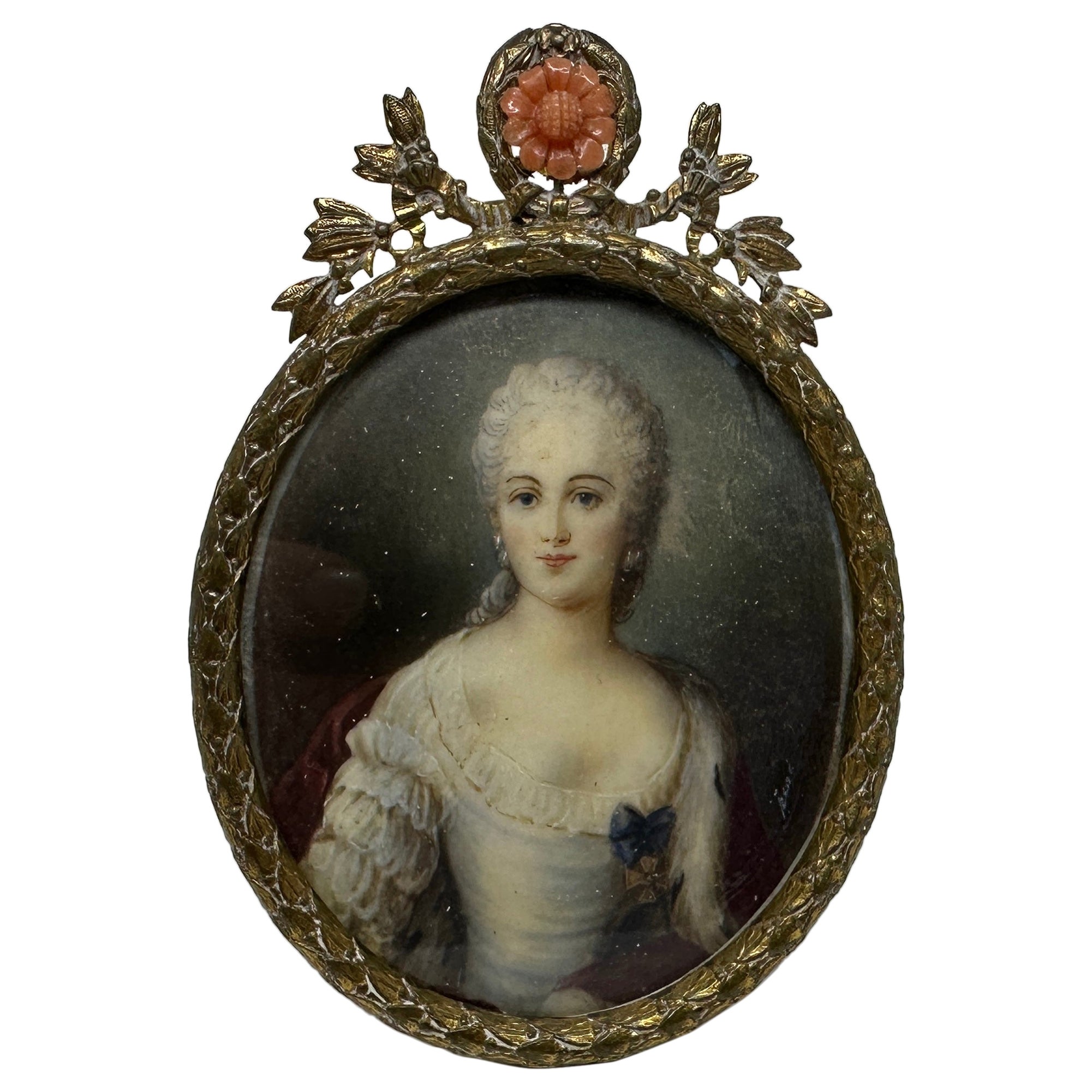 18th-19th Century Hand Painted Portrait Miniature Painting Coral Frame French