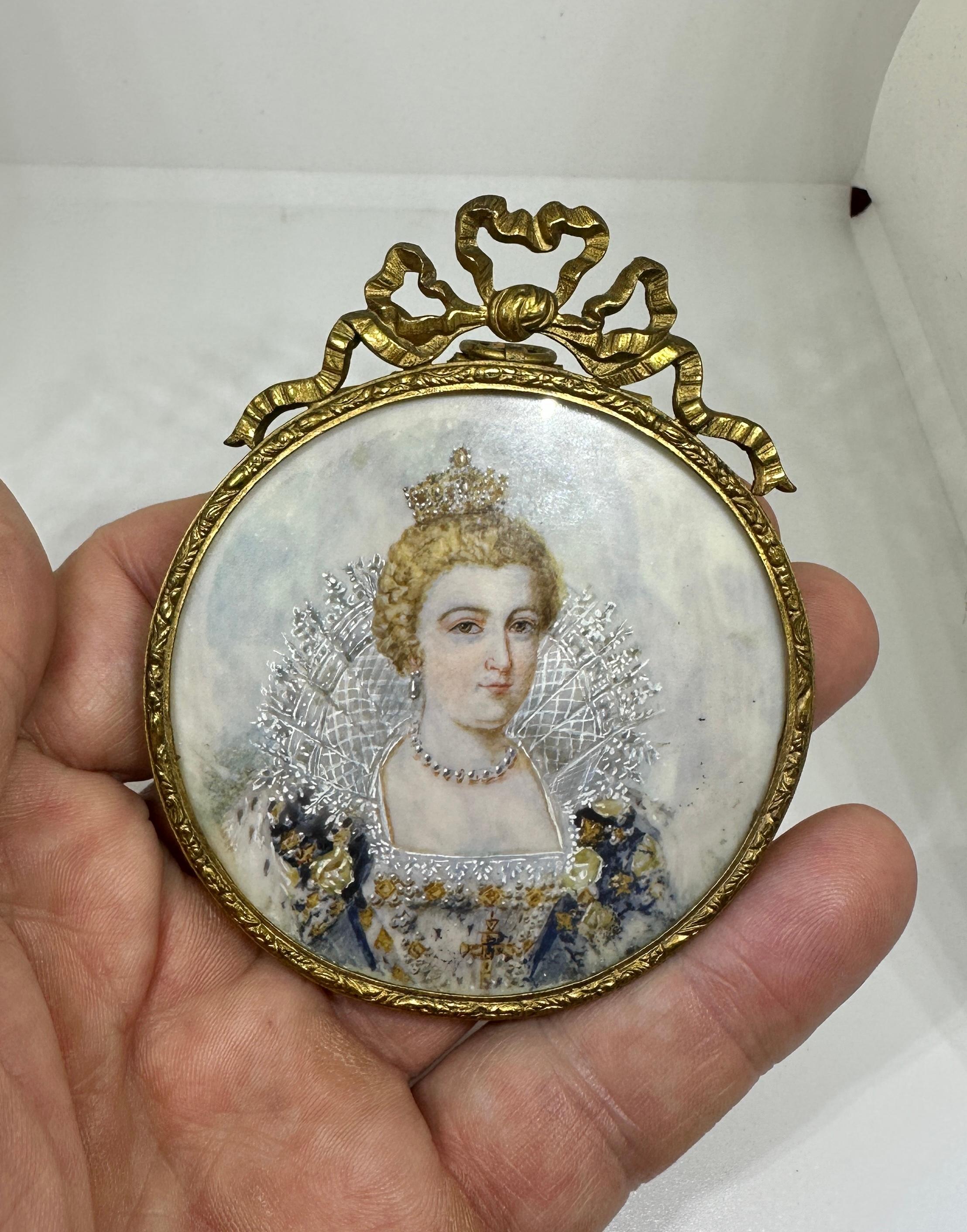 Romantic 18th-19th Century Hand Painted Portrait Miniature Painting Queen Crown Jewels For Sale