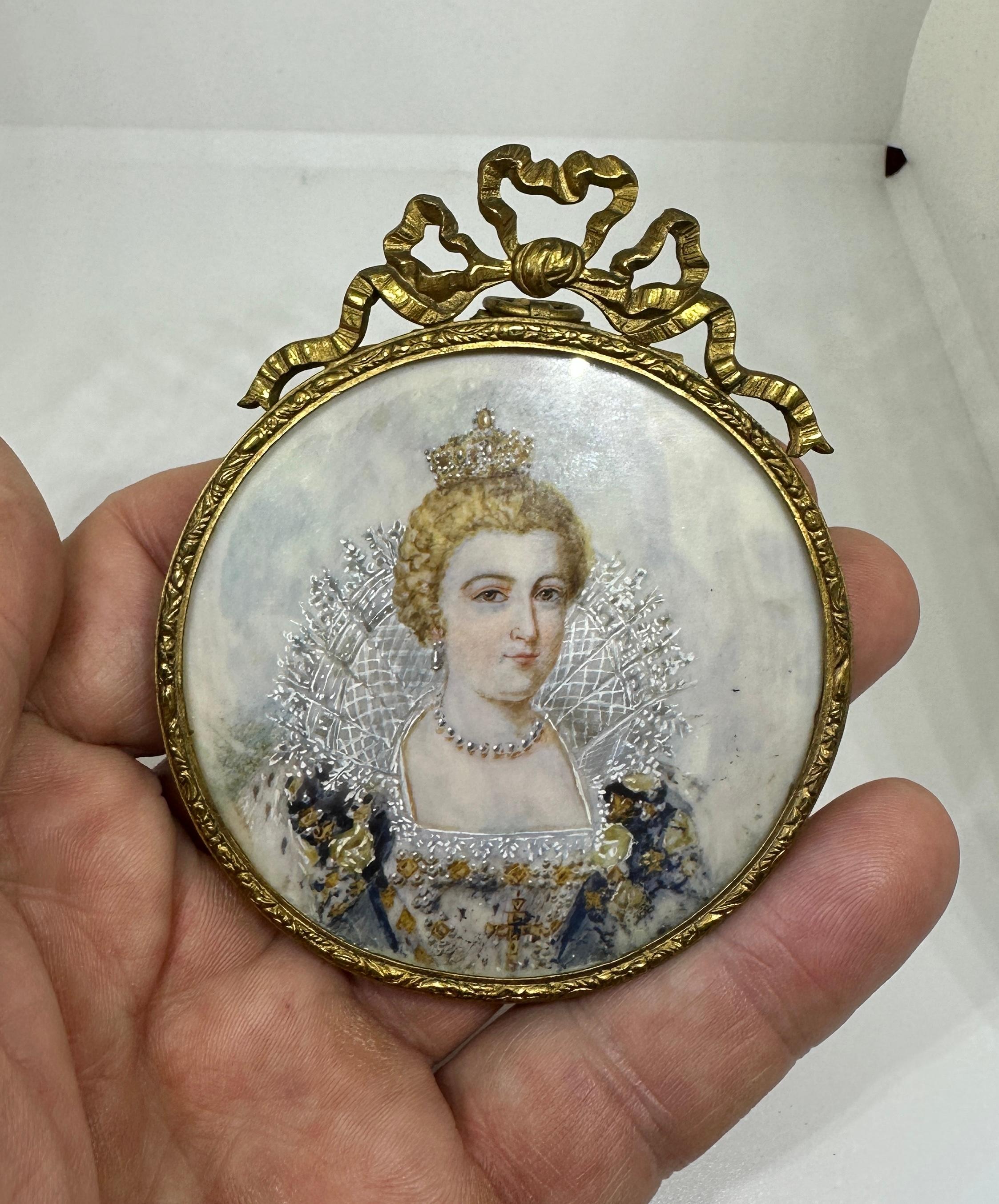 Women's or Men's 18th-19th Century Hand Painted Portrait Miniature Painting Queen Crown Jewels For Sale
