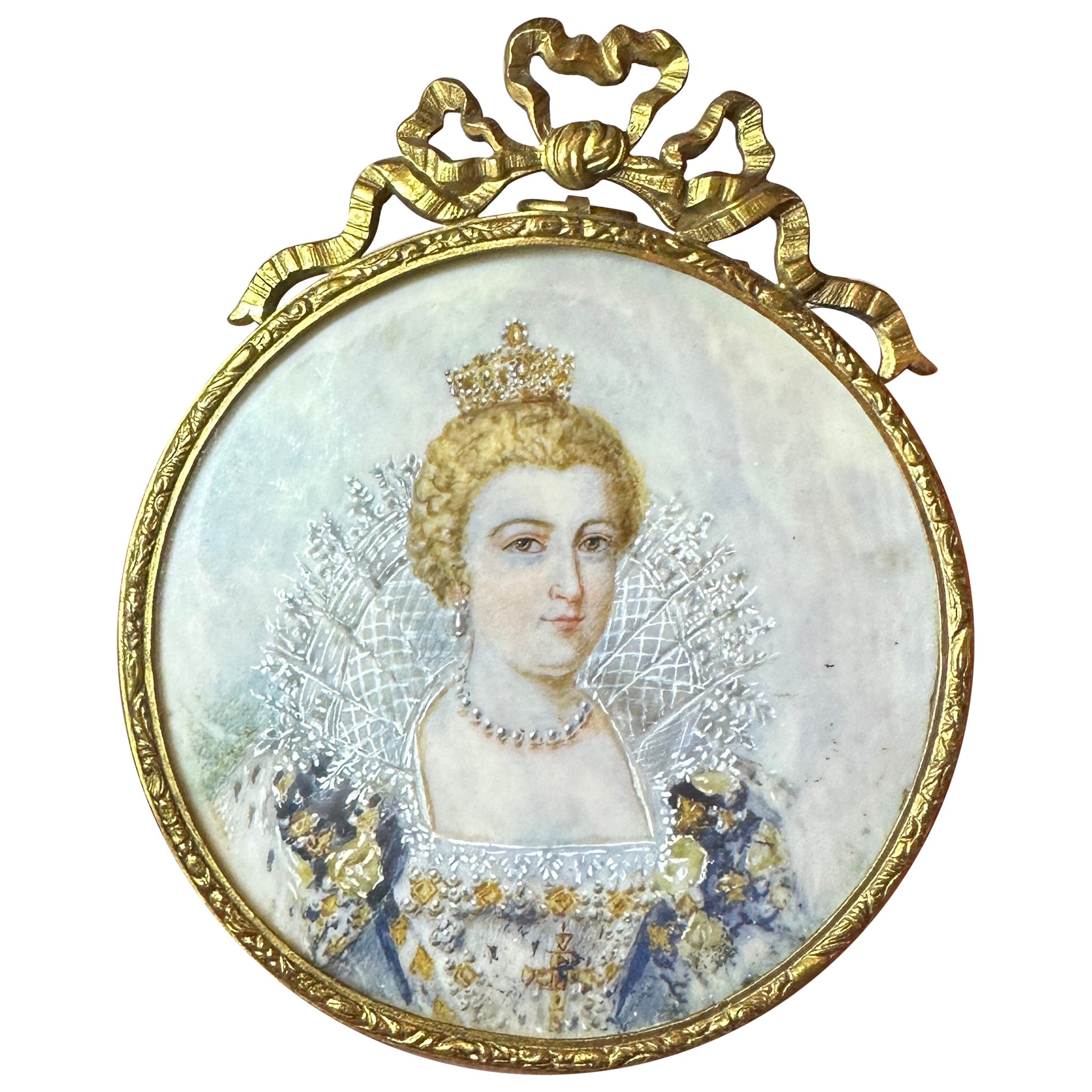 18th-19th Century Hand Painted Portrait Miniature Painting Queen Crown Jewels