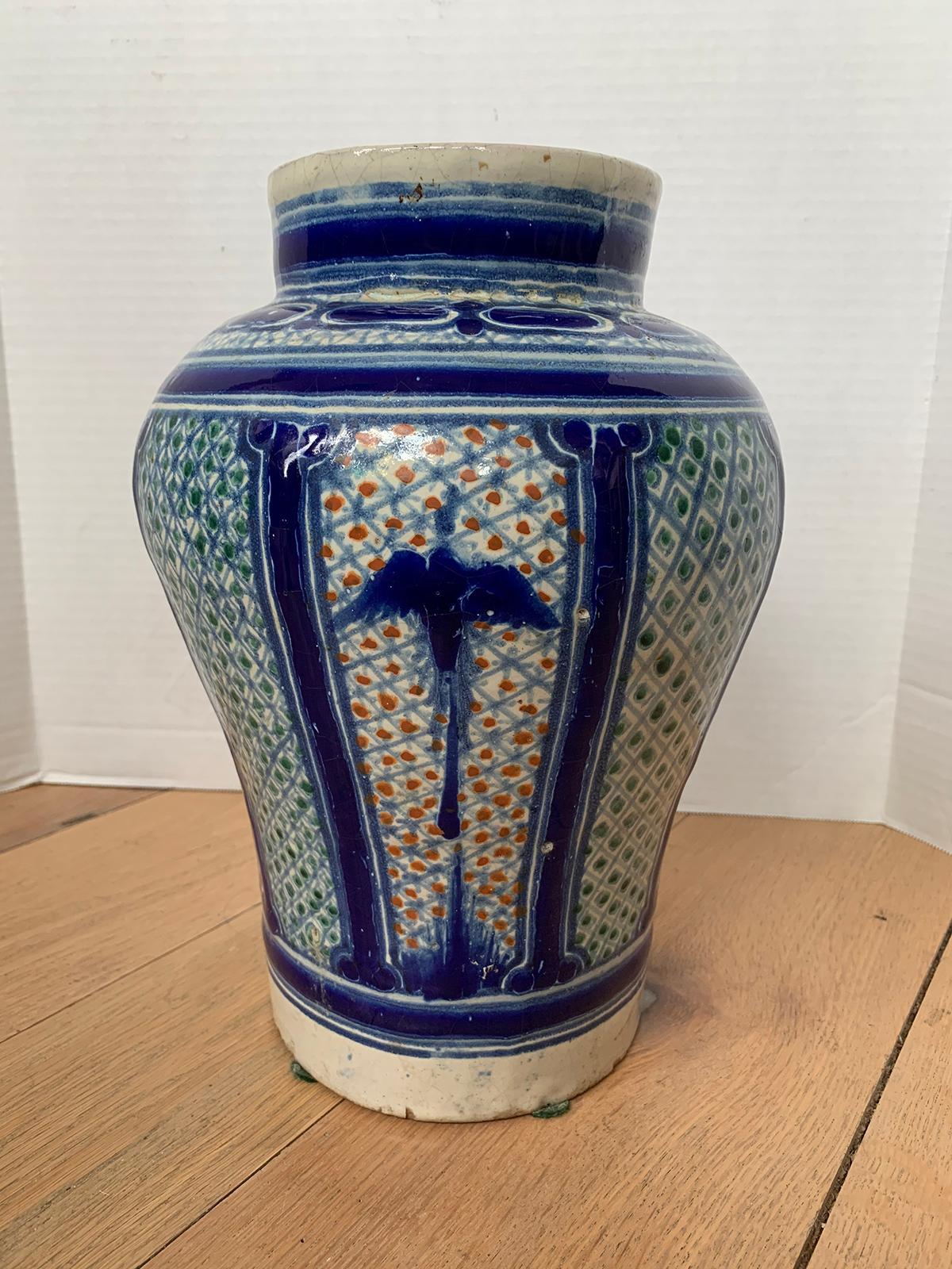 Spanish 18th-19th Century Hispano-Moresque Ware Polychrome Pottery Vase, Marked
